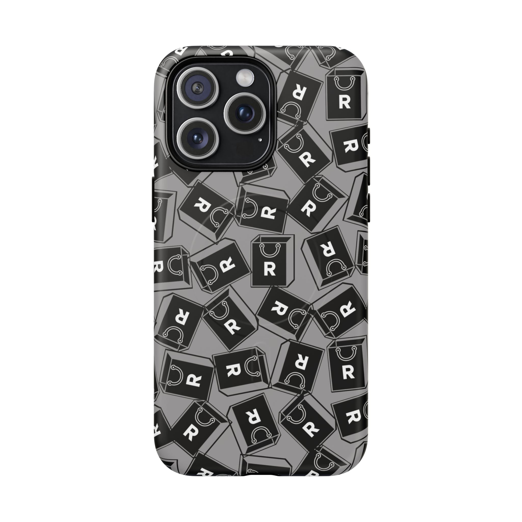 Magnetic Phone Case – Black & Gray Repeating 'R' Logo Pattern
