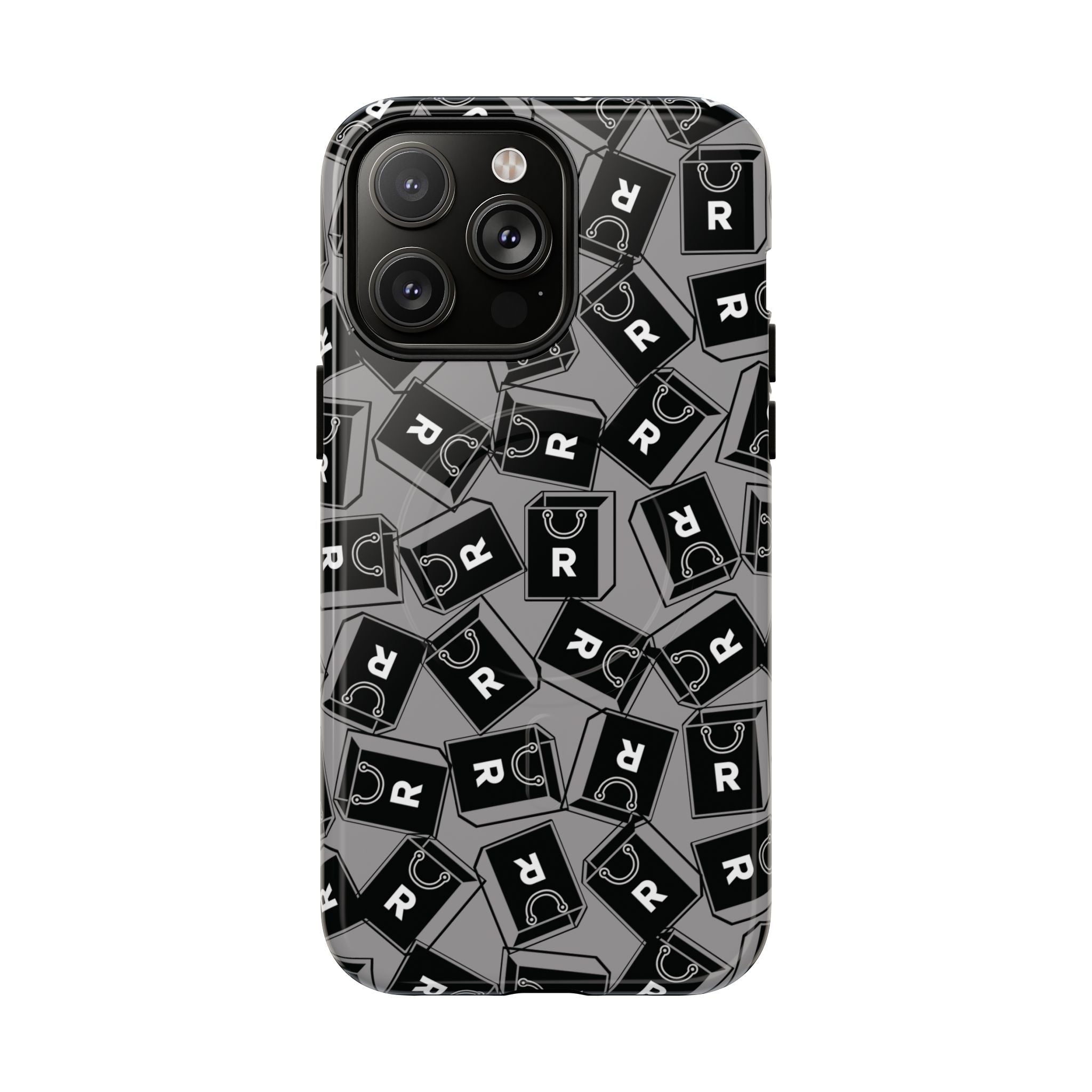 Magnetic Phone Case – Black & Gray Repeating 'R' Logo Pattern