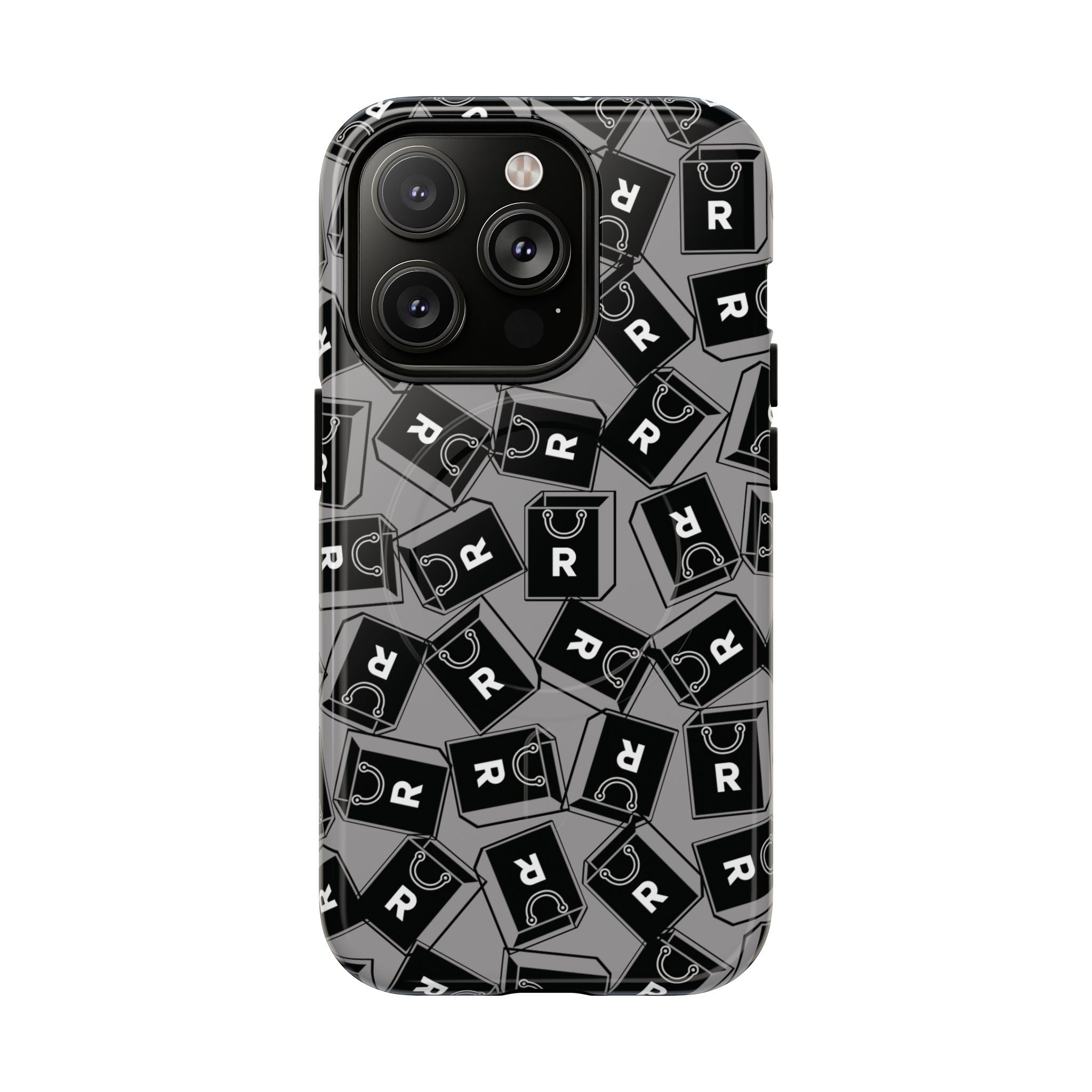 Magnetic Phone Case – Black & Gray Repeating 'R' Logo Pattern