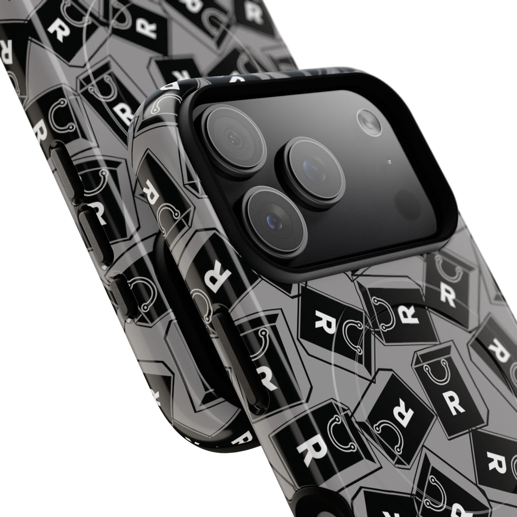 Magnetic Phone Case – Black & Gray Repeating 'R' Logo Pattern