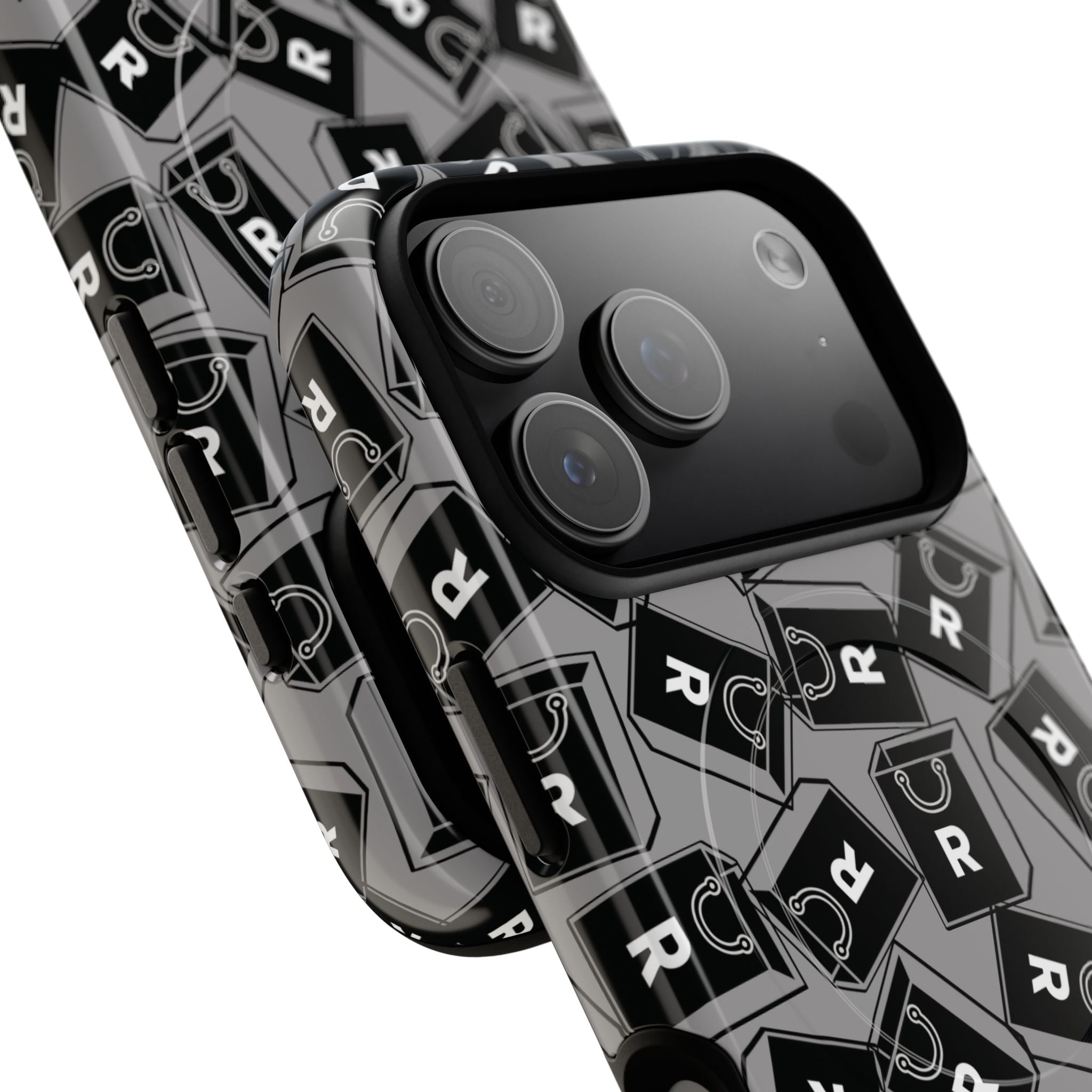 Magnetic Phone Case – Black & Gray Repeating 'R' Logo Pattern