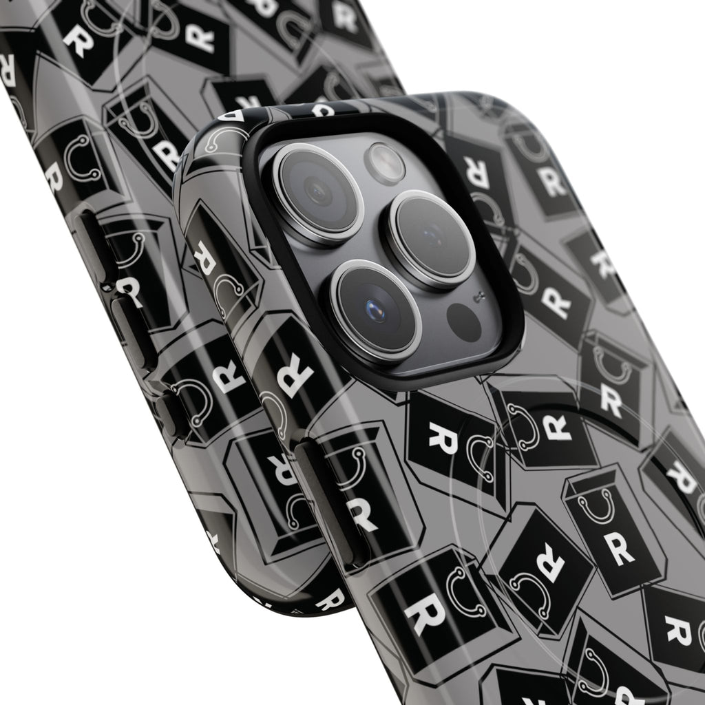 Magnetic Phone Case – Black & Gray Repeating 'R' Logo Pattern