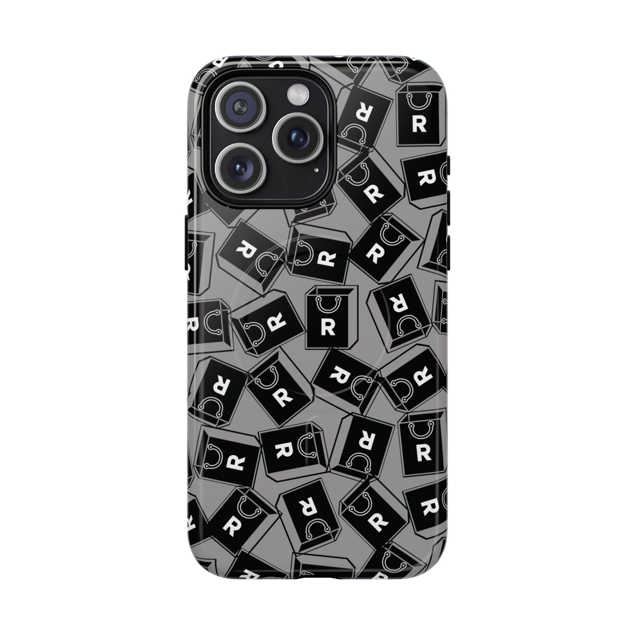 Magnetic Phone Case – Black & Gray Repeating 'R' Logo Pattern