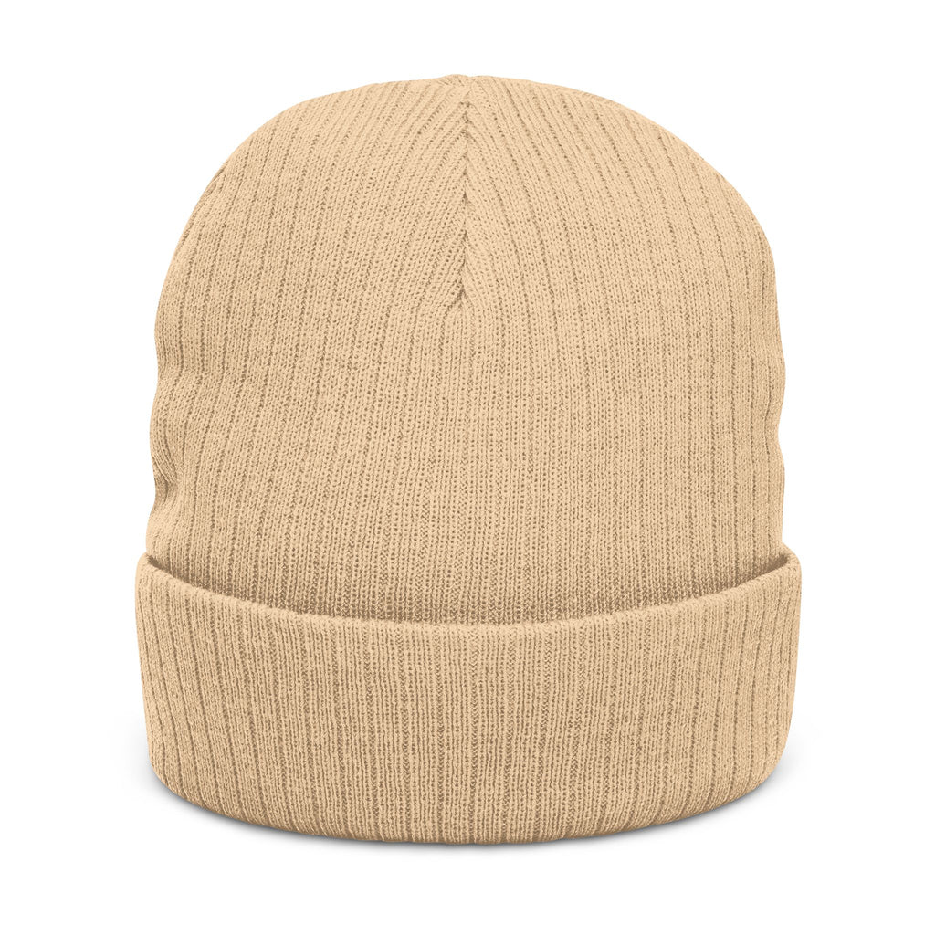 Embroidered Ribbed Beanie - Minimal Horseshoe & R Patch, Cozy Winter Hat