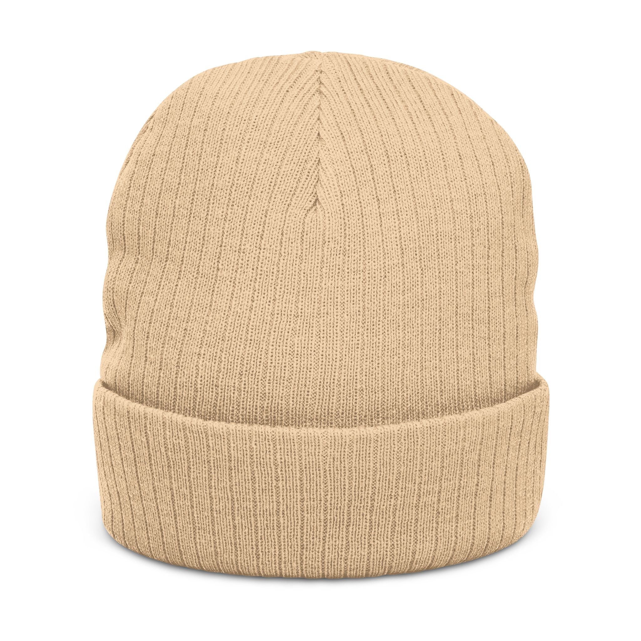 Embroidered Ribbed Beanie - Minimal Horseshoe & R Patch, Cozy Winter Hat