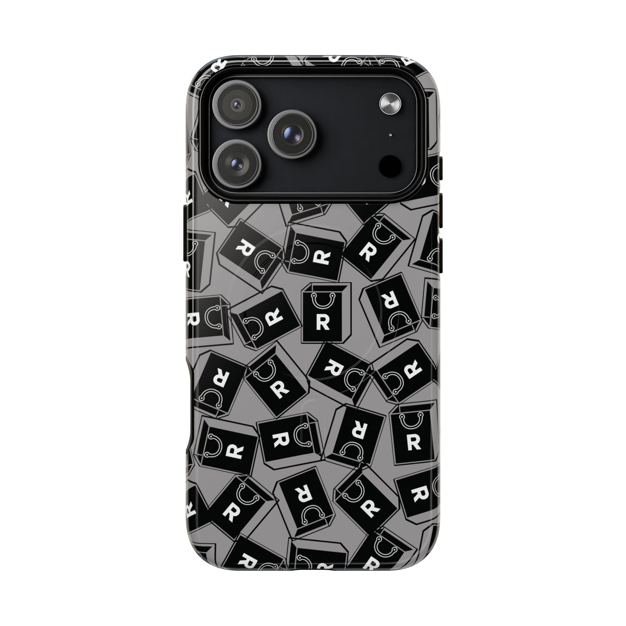 Magnetic Phone Case – Black & Gray Repeating 'R' Logo Pattern