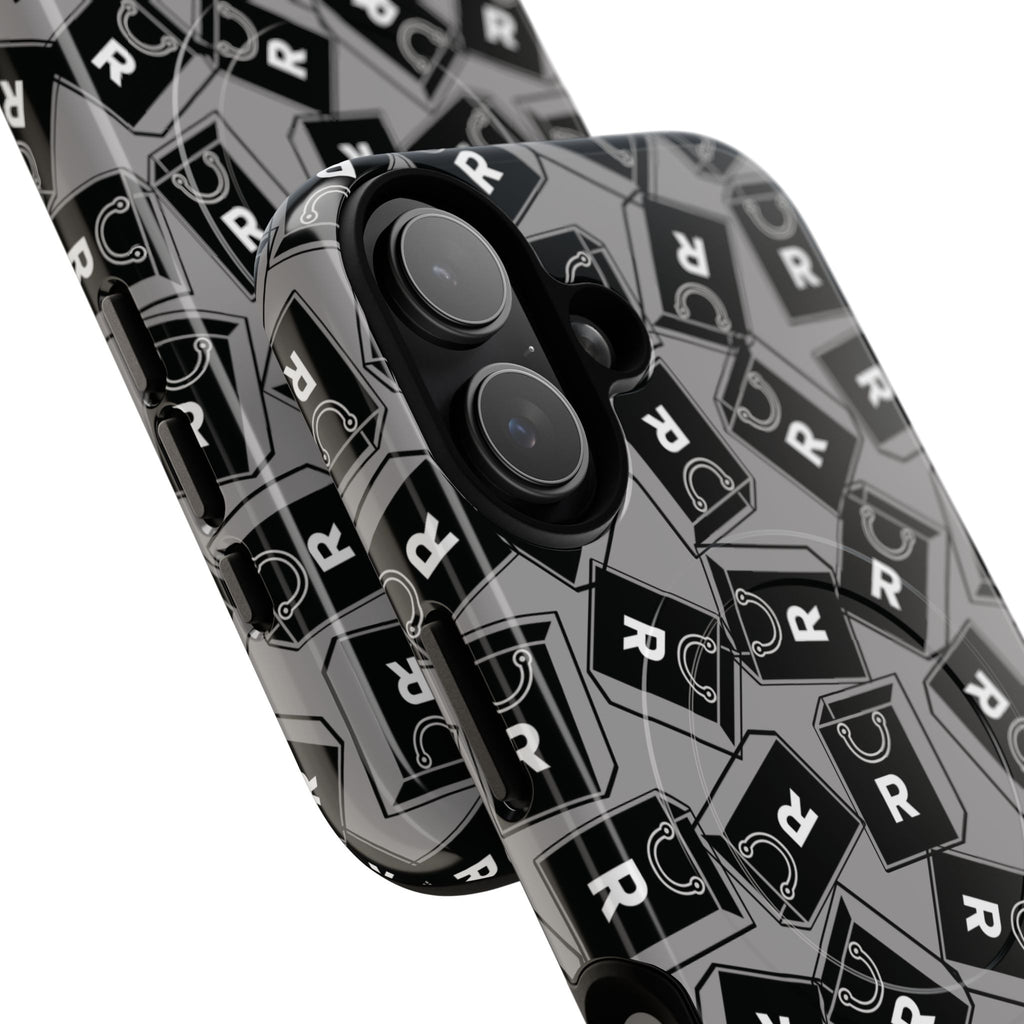 Magnetic Phone Case – Black & Gray Repeating 'R' Logo Pattern