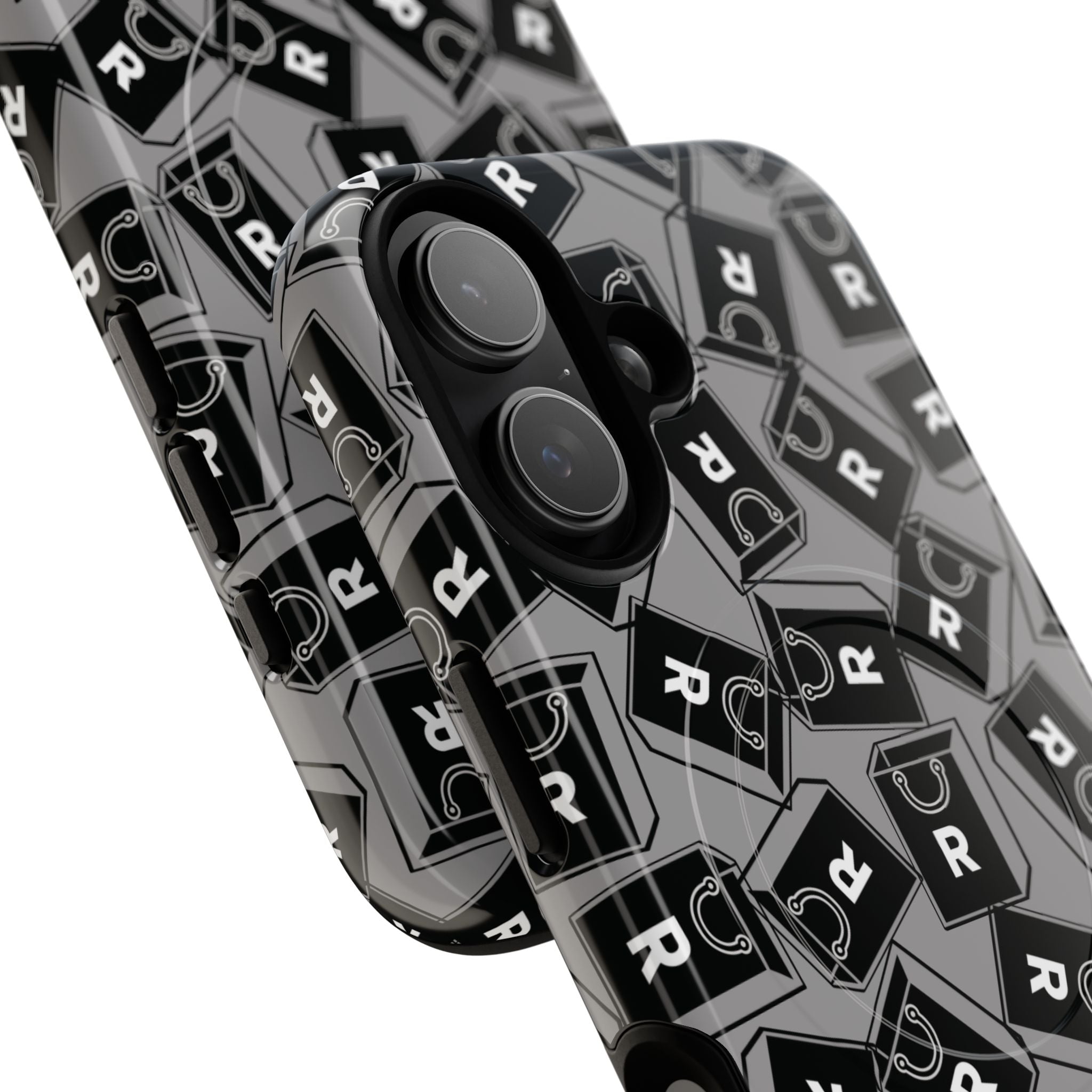 Magnetic Phone Case – Black & Gray Repeating 'R' Logo Pattern