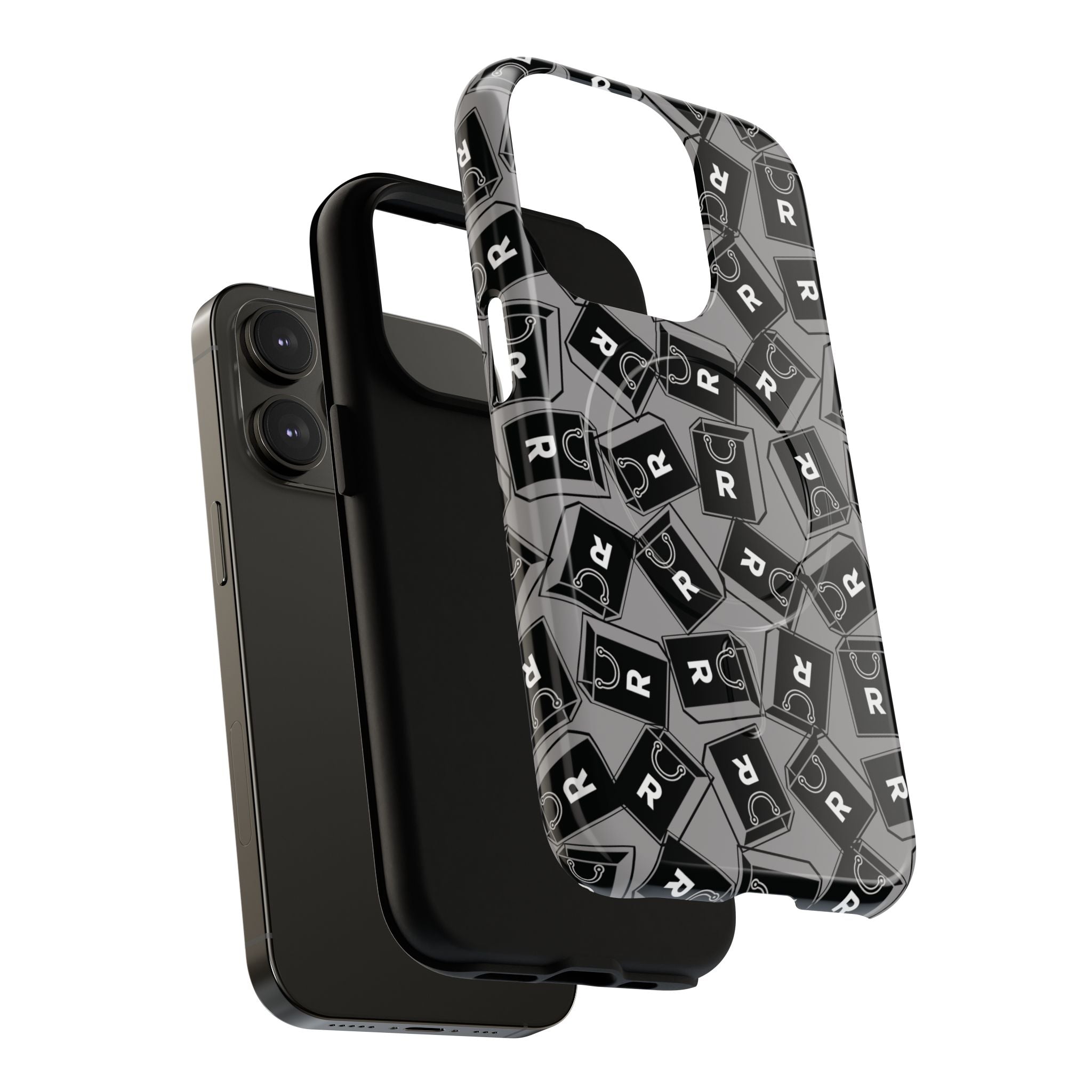 Magnetic Phone Case – Black & Gray Repeating 'R' Logo Pattern