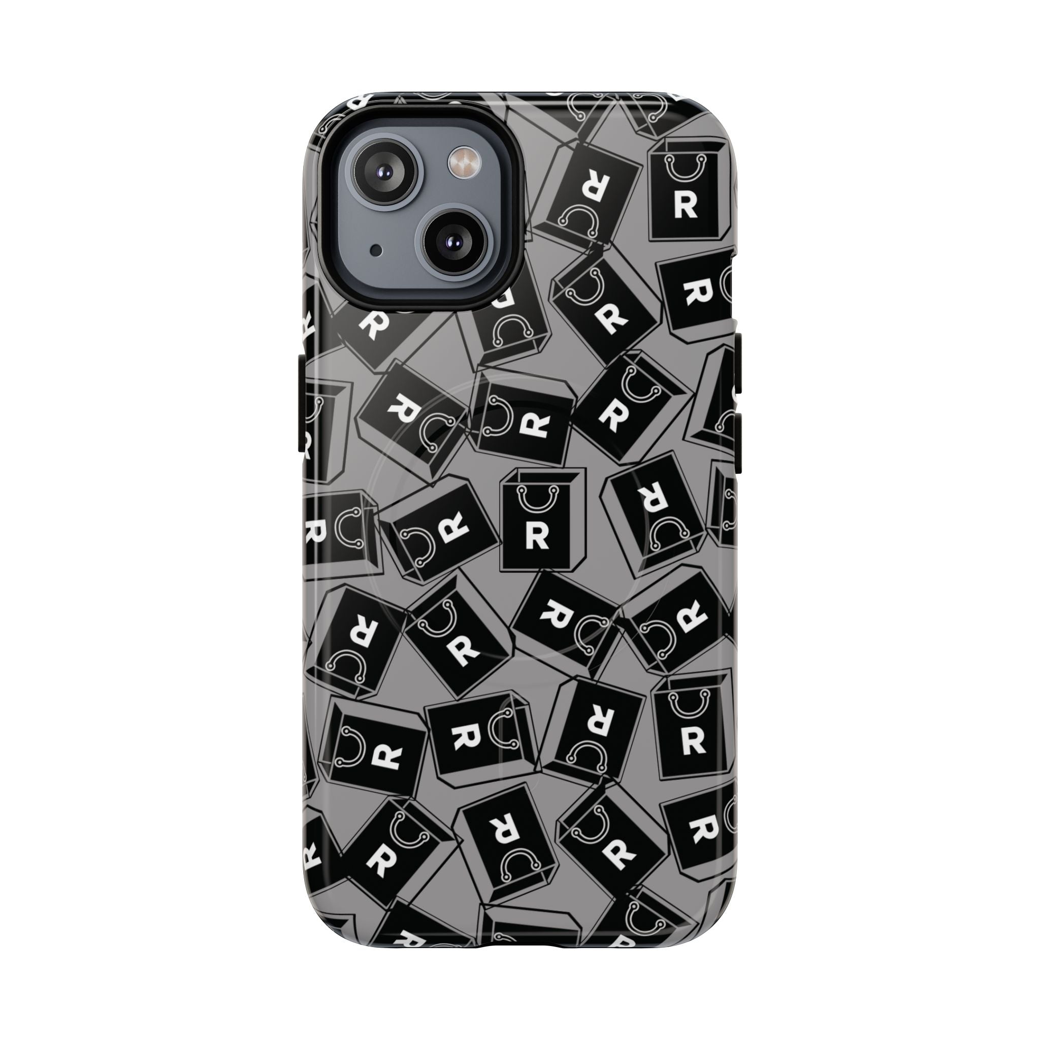 Magnetic Phone Case – Black & Gray Repeating 'R' Logo Pattern