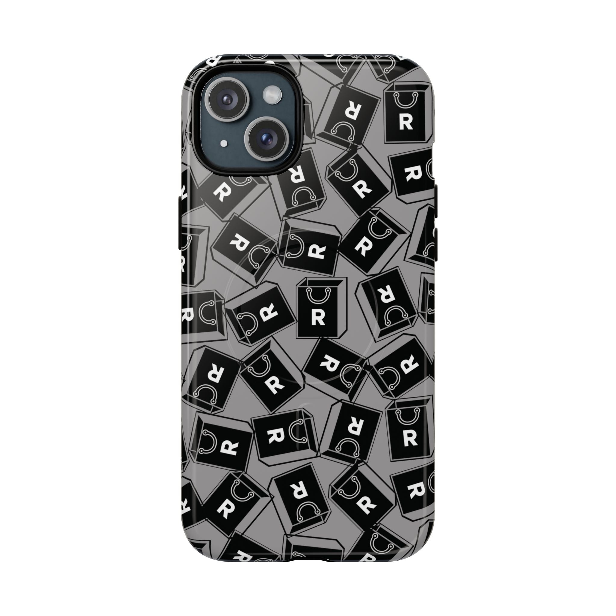 Magnetic Phone Case – Black & Gray Repeating 'R' Logo Pattern