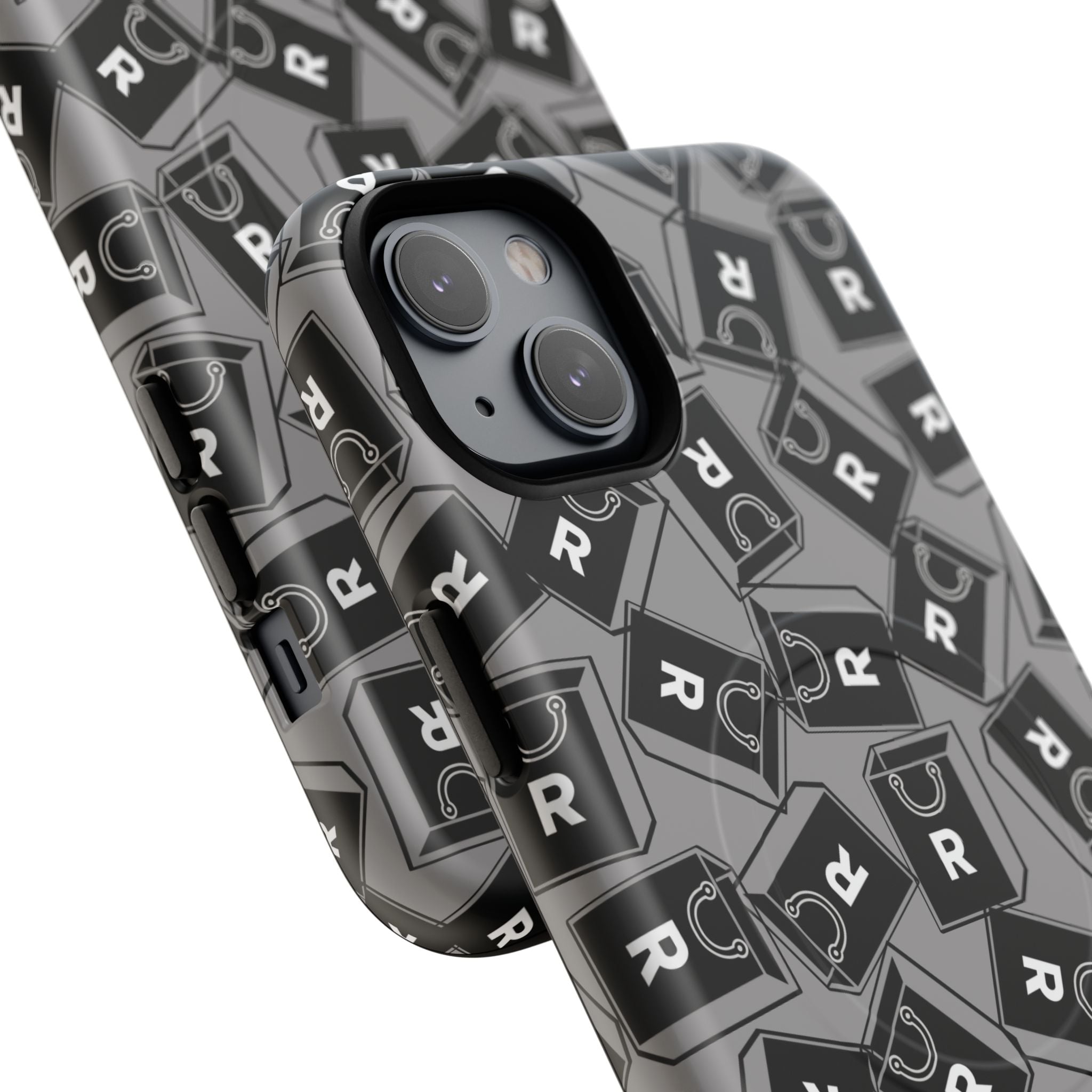 Magnetic Phone Case – Black & Gray Repeating 'R' Logo Pattern