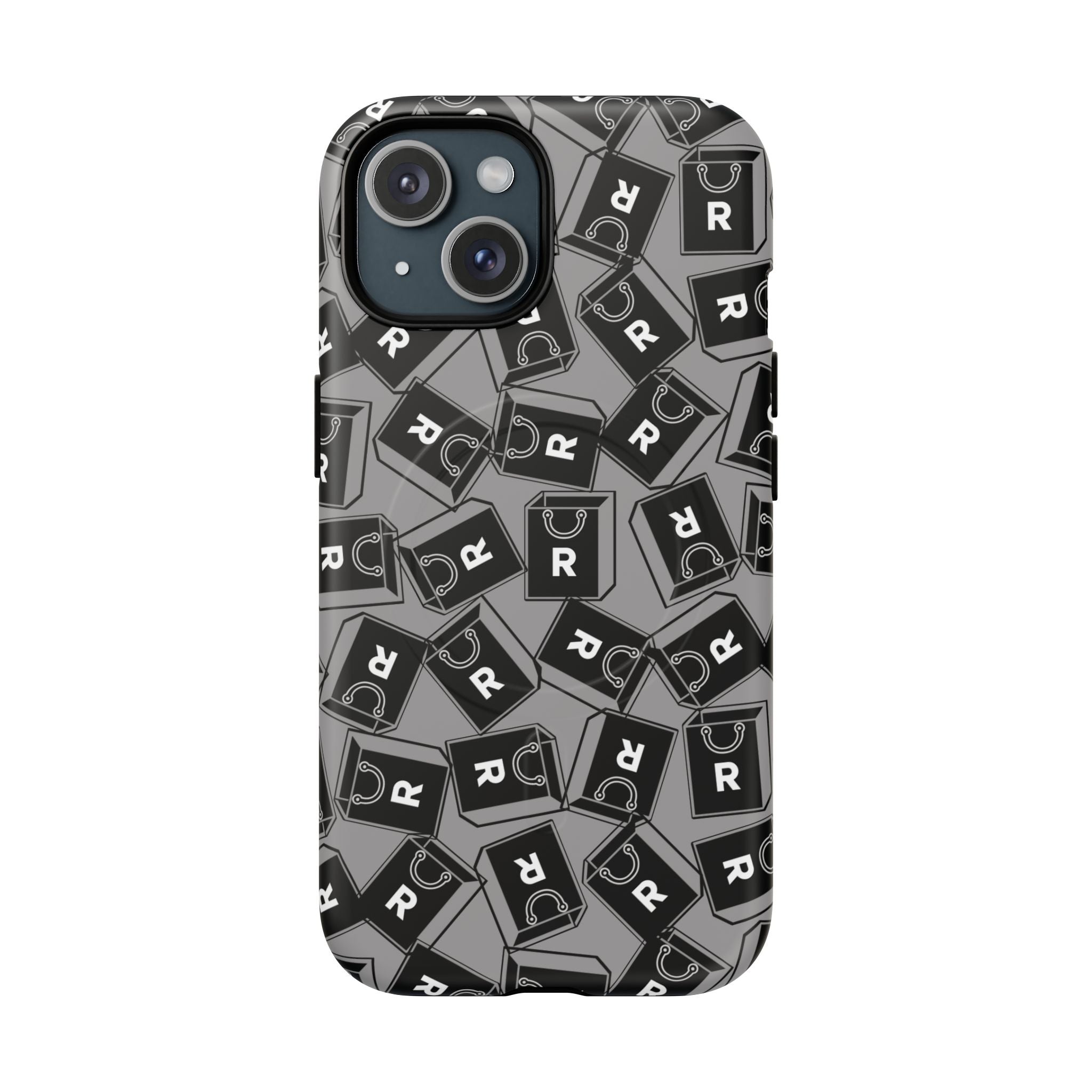 Magnetic Phone Case – Black & Gray Repeating 'R' Logo Pattern