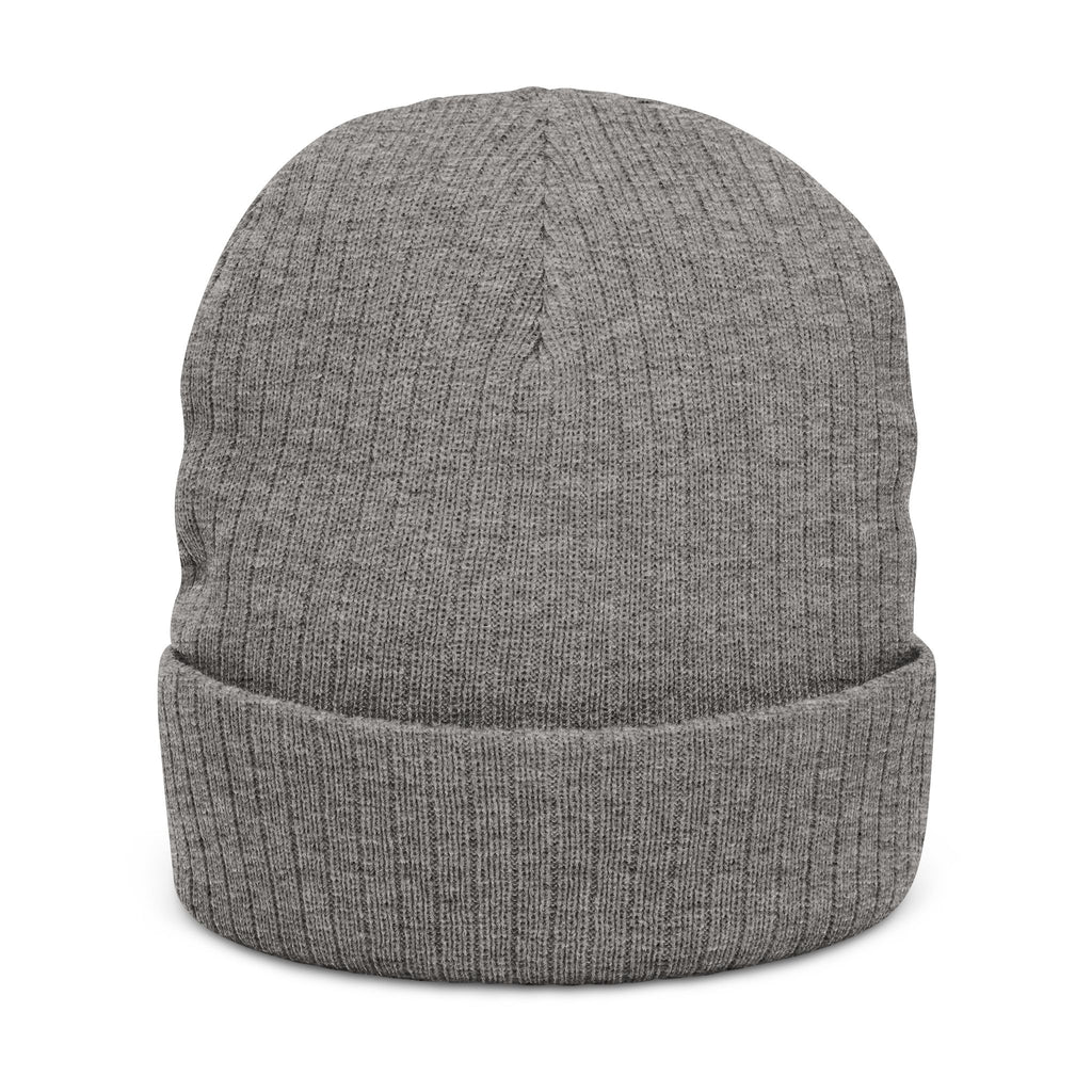 Embroidered Ribbed Beanie - Minimal Horseshoe & R Patch, Cozy Winter Hat