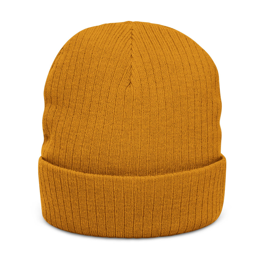 Embroidered Ribbed Beanie - Minimal Horseshoe & R Patch, Cozy Winter Hat