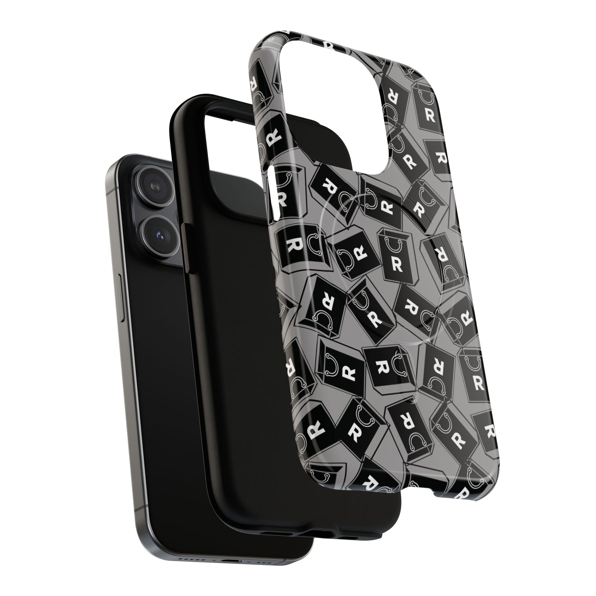 Magnetic Phone Case – Black & Gray Repeating 'R' Logo Pattern
