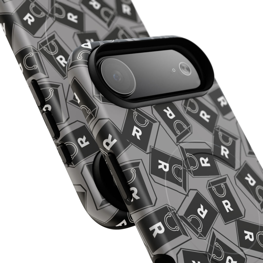Magnetic Phone Case – Black & Gray Repeating 'R' Logo Pattern