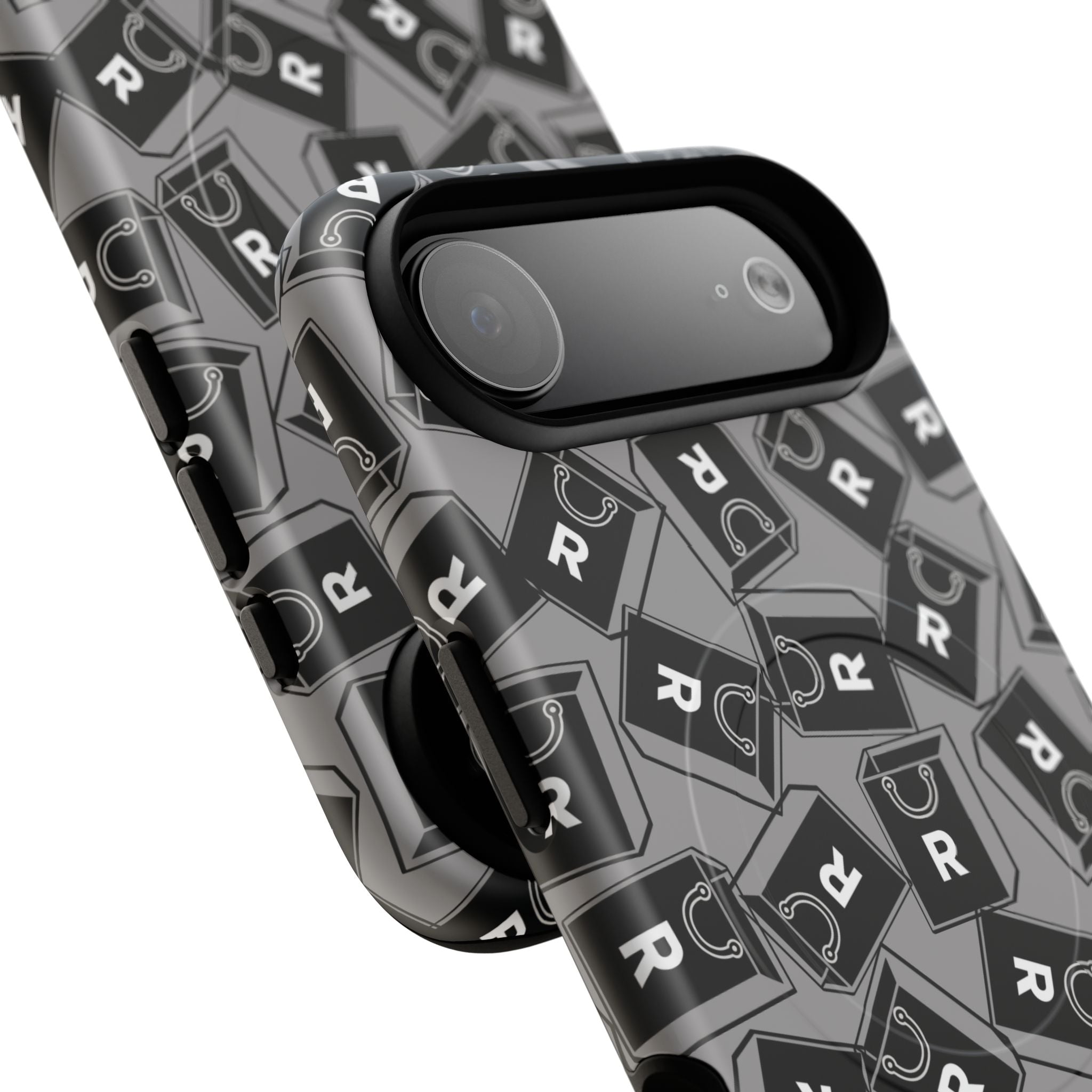 Magnetic Phone Case – Black & Gray Repeating 'R' Logo Pattern