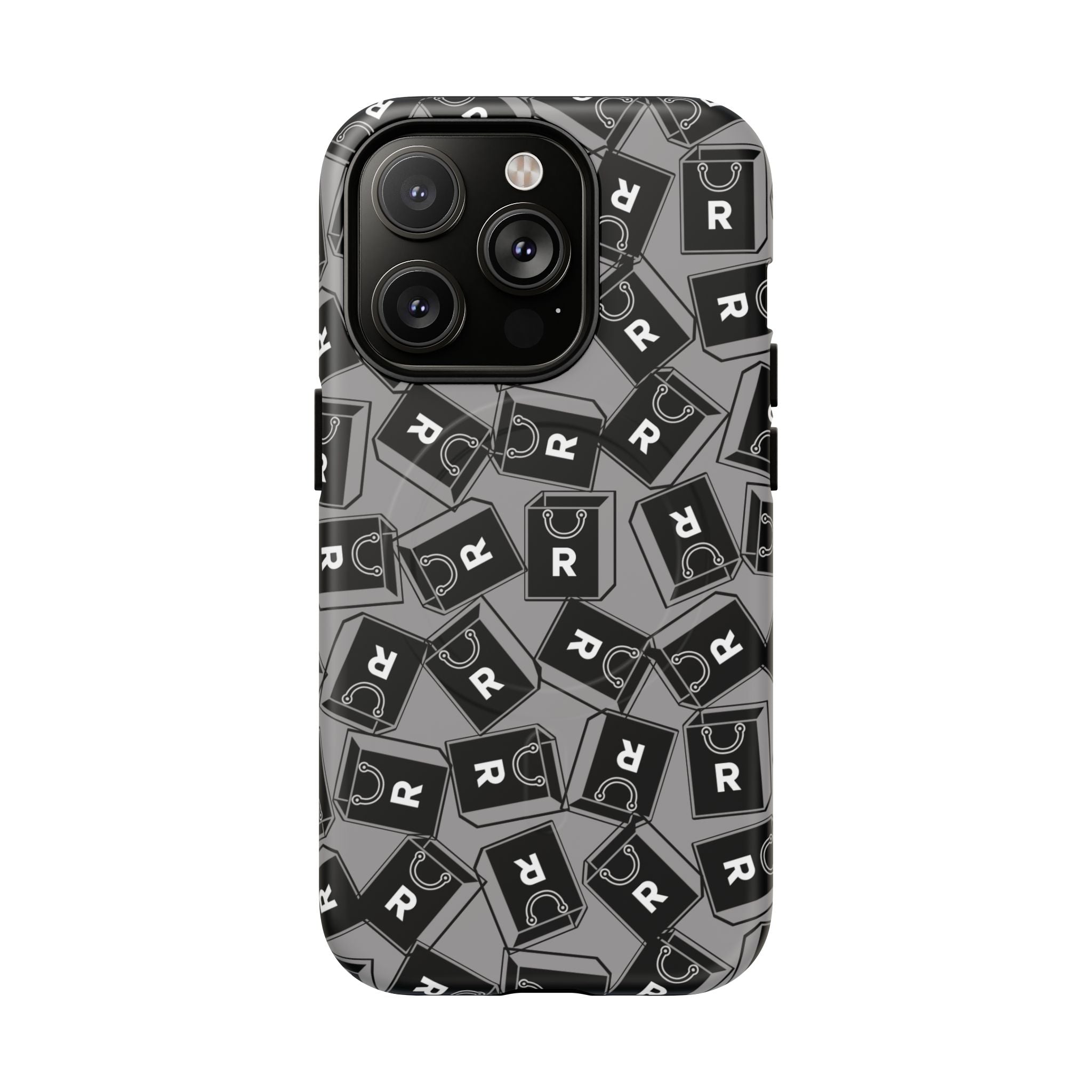Magnetic Phone Case – Black & Gray Repeating 'R' Logo Pattern