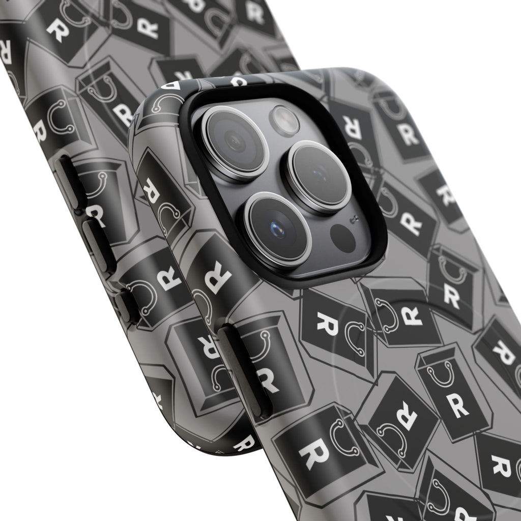 Magnetic Phone Case – Black & Gray Repeating 'R' Logo Pattern