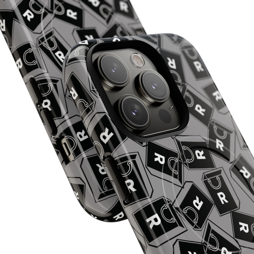 Magnetic Phone Case – Black & Gray Repeating 'R' Logo Pattern