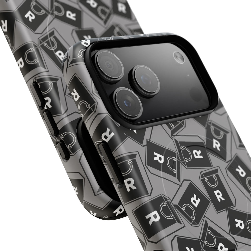 Magnetic Phone Case – Black & Gray Repeating 'R' Logo Pattern