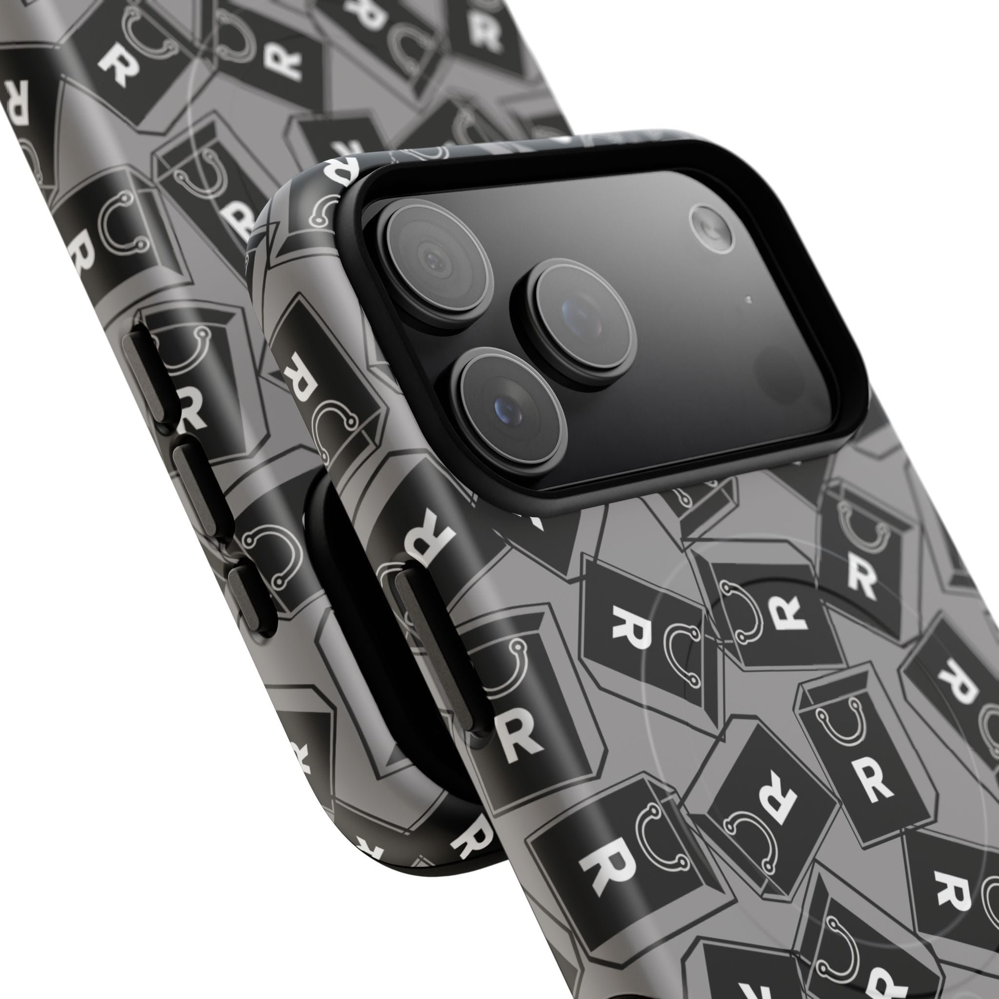 Magnetic Phone Case – Black & Gray Repeating 'R' Logo Pattern