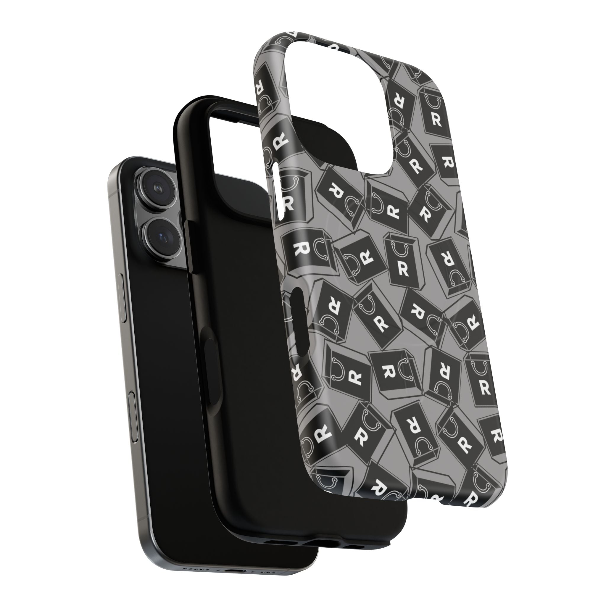 Magnetic Phone Case – Black & Gray Repeating 'R' Logo Pattern