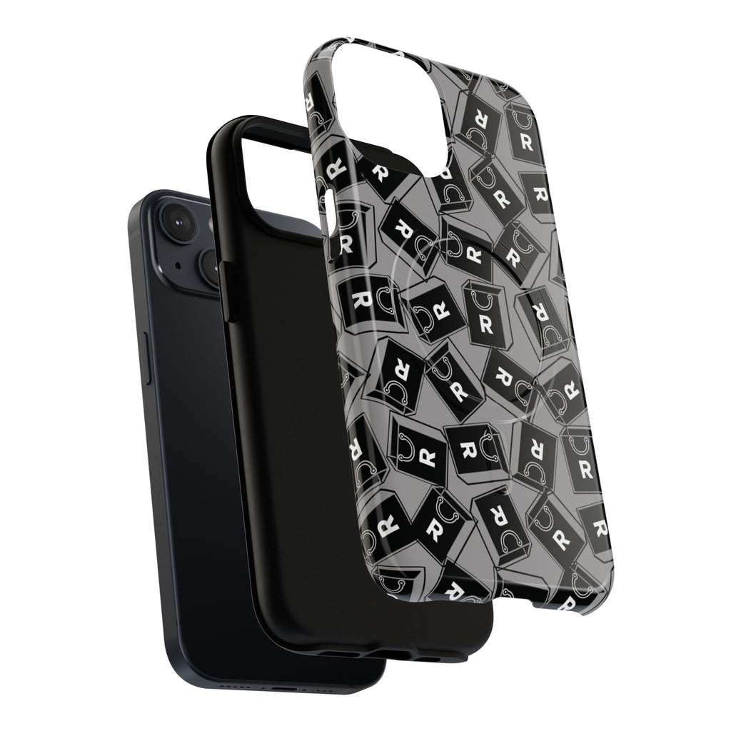 Magnetic Phone Case – Black & Gray Repeating 'R' Logo Pattern