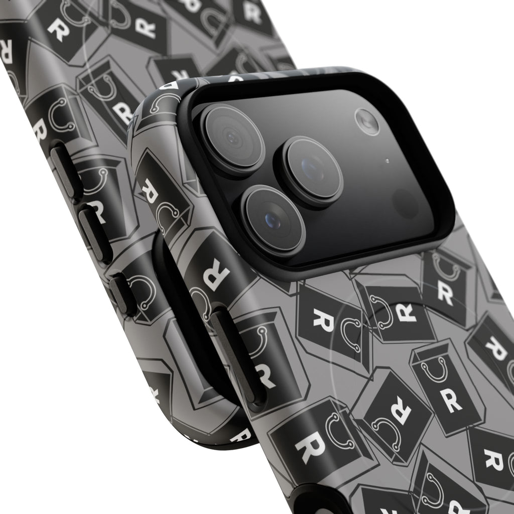 Magnetic Phone Case – Black & Gray Repeating 'R' Logo Pattern