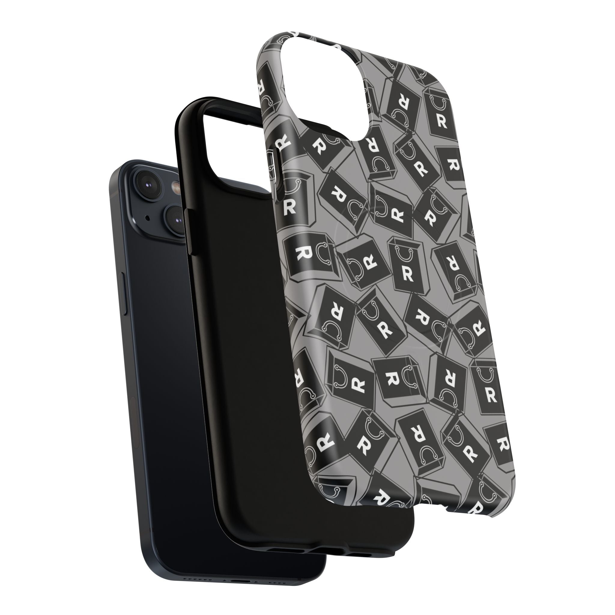 Magnetic Phone Case – Black & Gray Repeating 'R' Logo Pattern