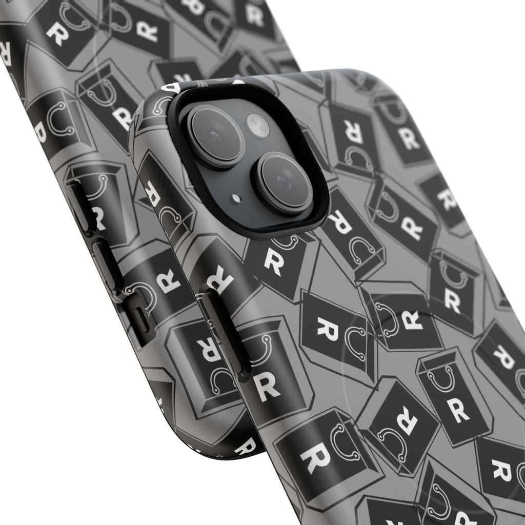 Magnetic Phone Case – Black & Gray Repeating 'R' Logo Pattern