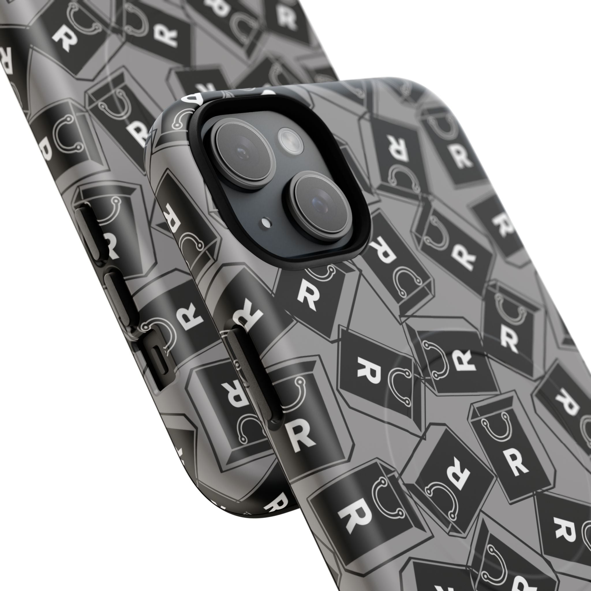 Magnetic Phone Case – Black & Gray Repeating 'R' Logo Pattern