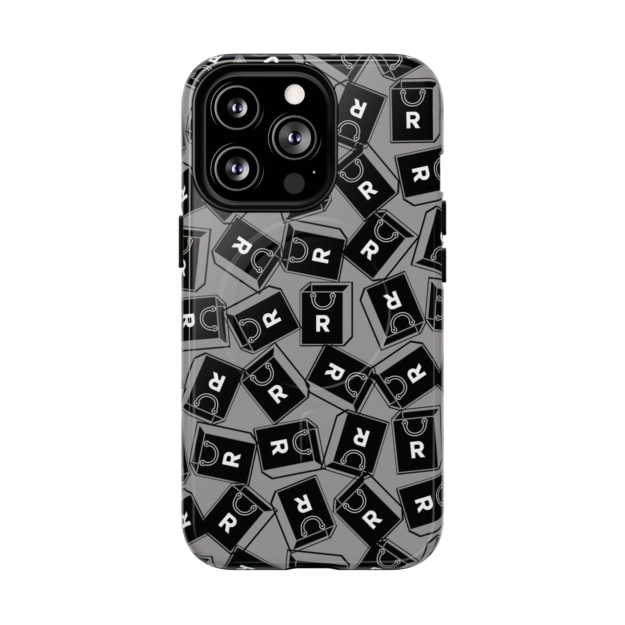 Magnetic Phone Case – Black & Gray Repeating 'R' Logo Pattern