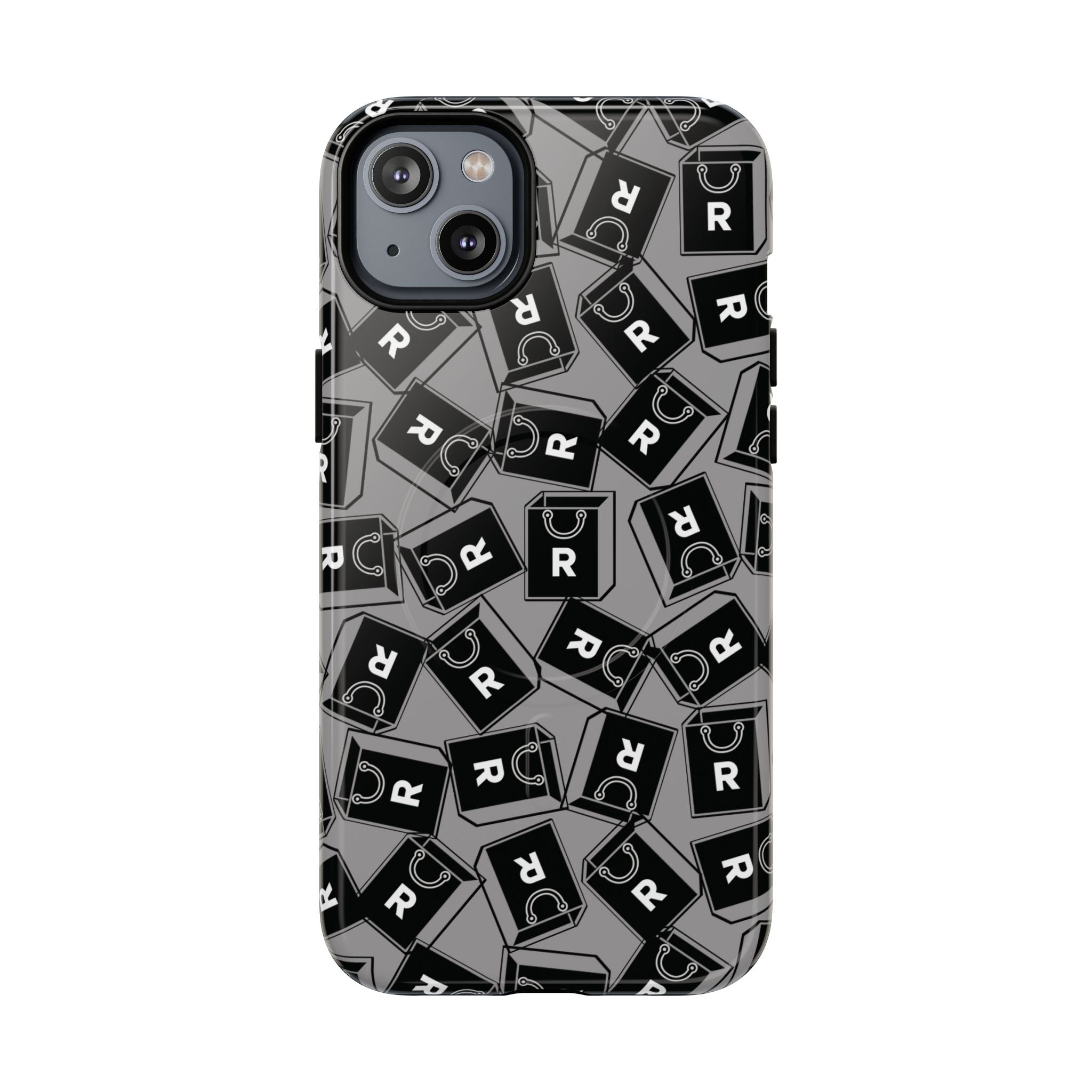 Magnetic Phone Case – Black & Gray Repeating 'R' Logo Pattern