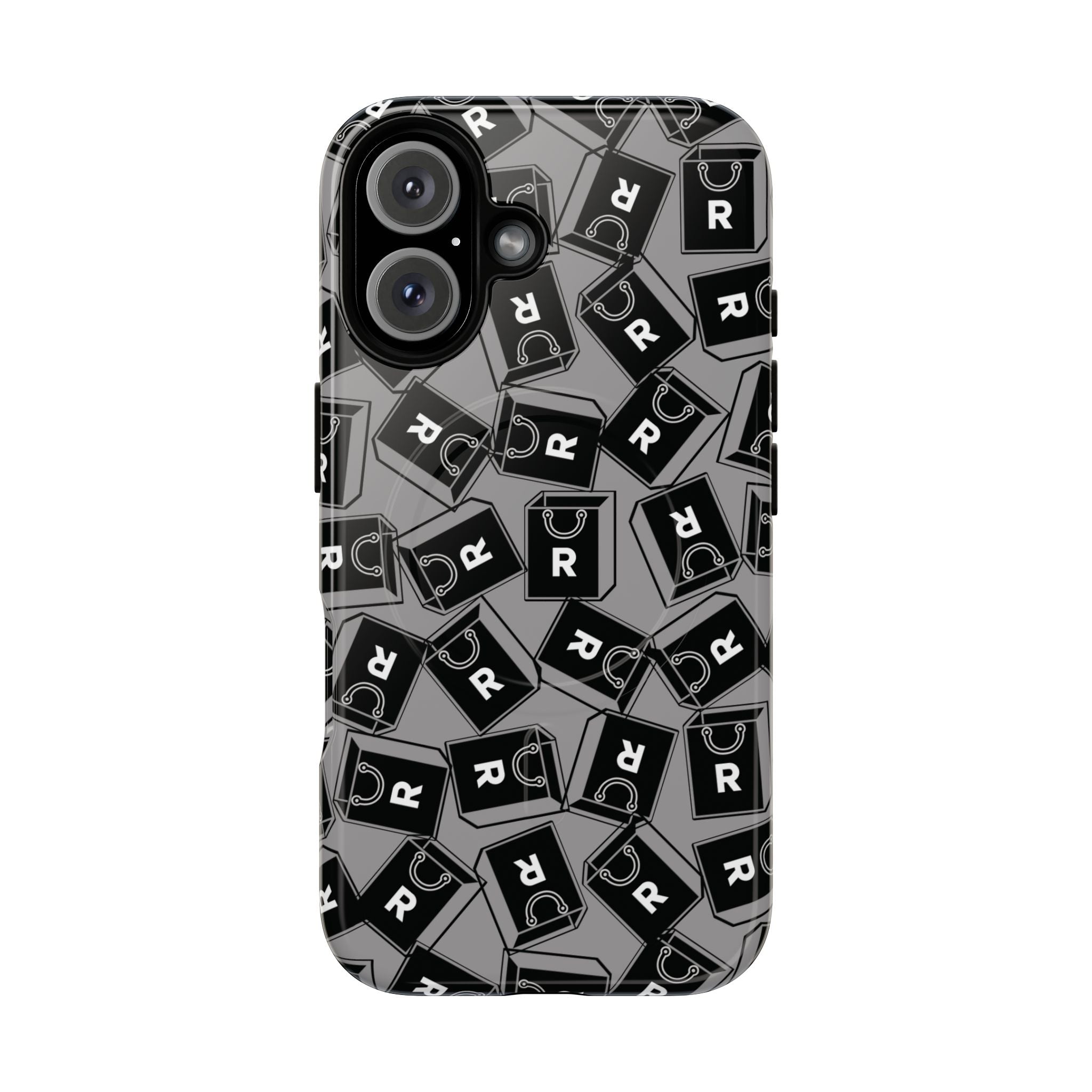 Magnetic Phone Case – Black & Gray Repeating 'R' Logo Pattern