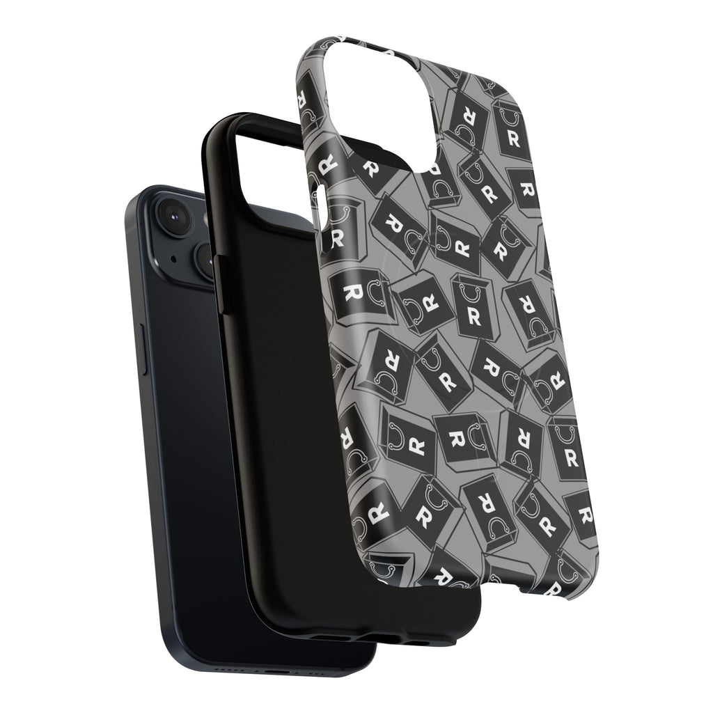 Magnetic Phone Case – Black & Gray Repeating 'R' Logo Pattern