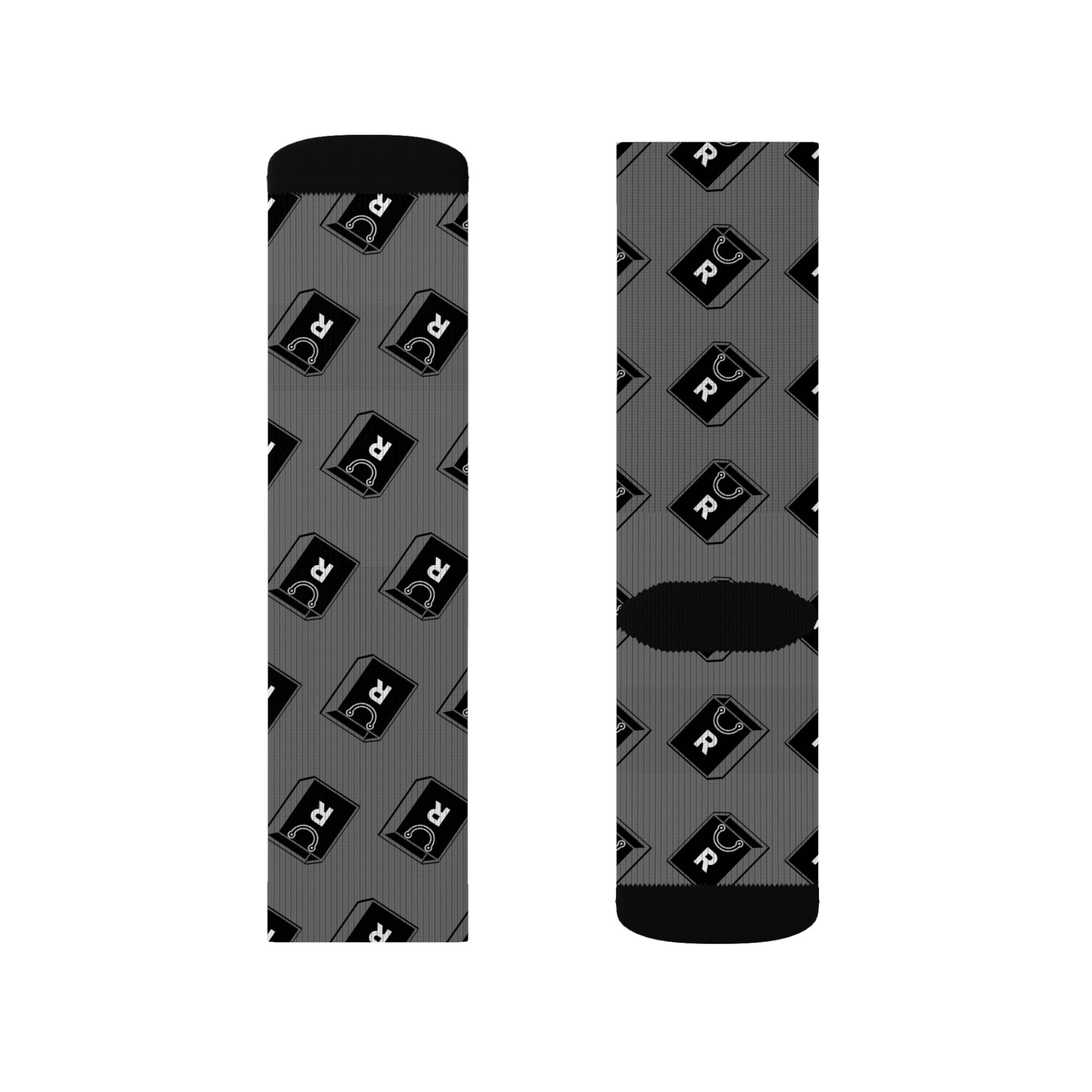 Retro Cassette Pattern Sublimation Socks — Grey Music Tape Crew Socks