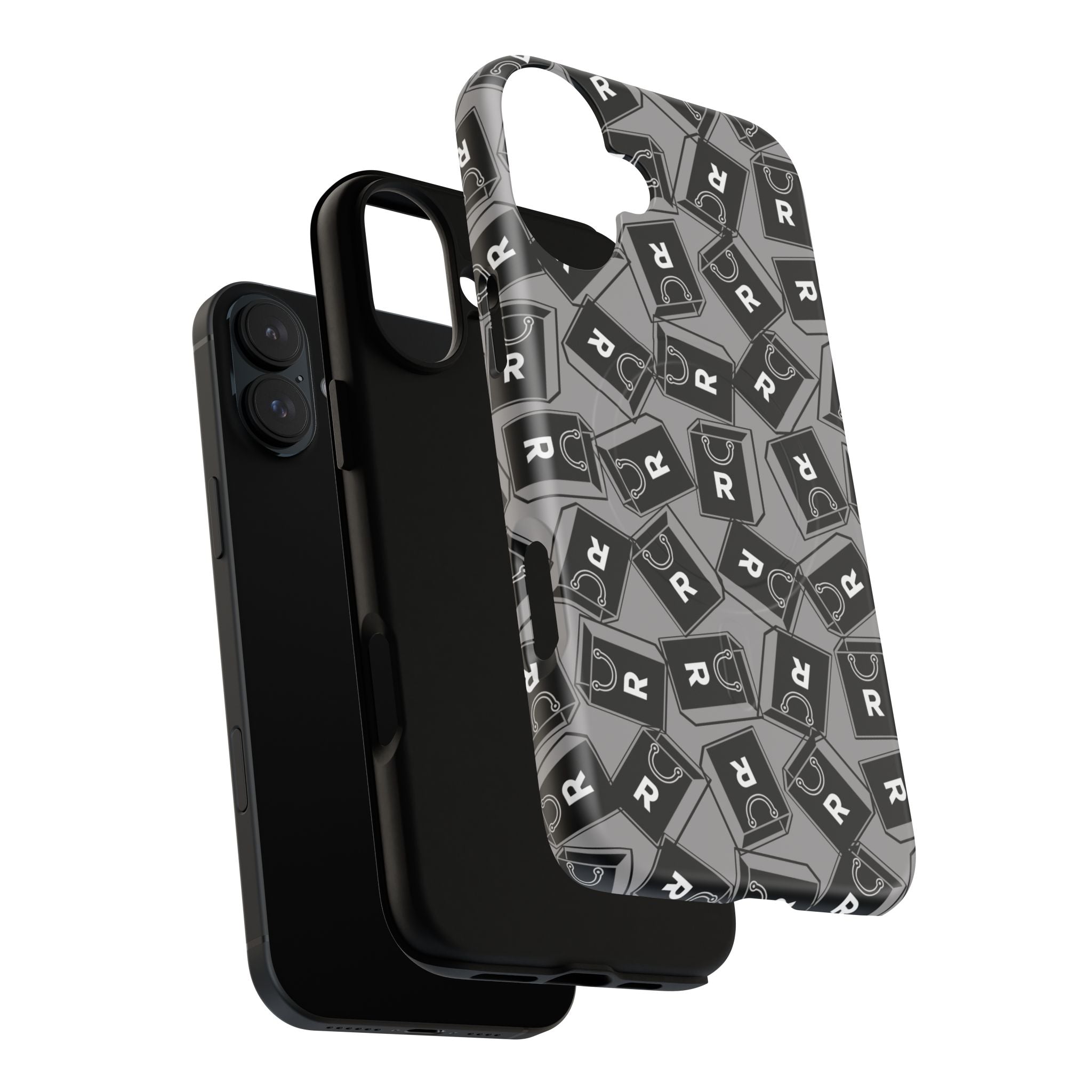 Magnetic Phone Case – Black & Gray Repeating 'R' Logo Pattern