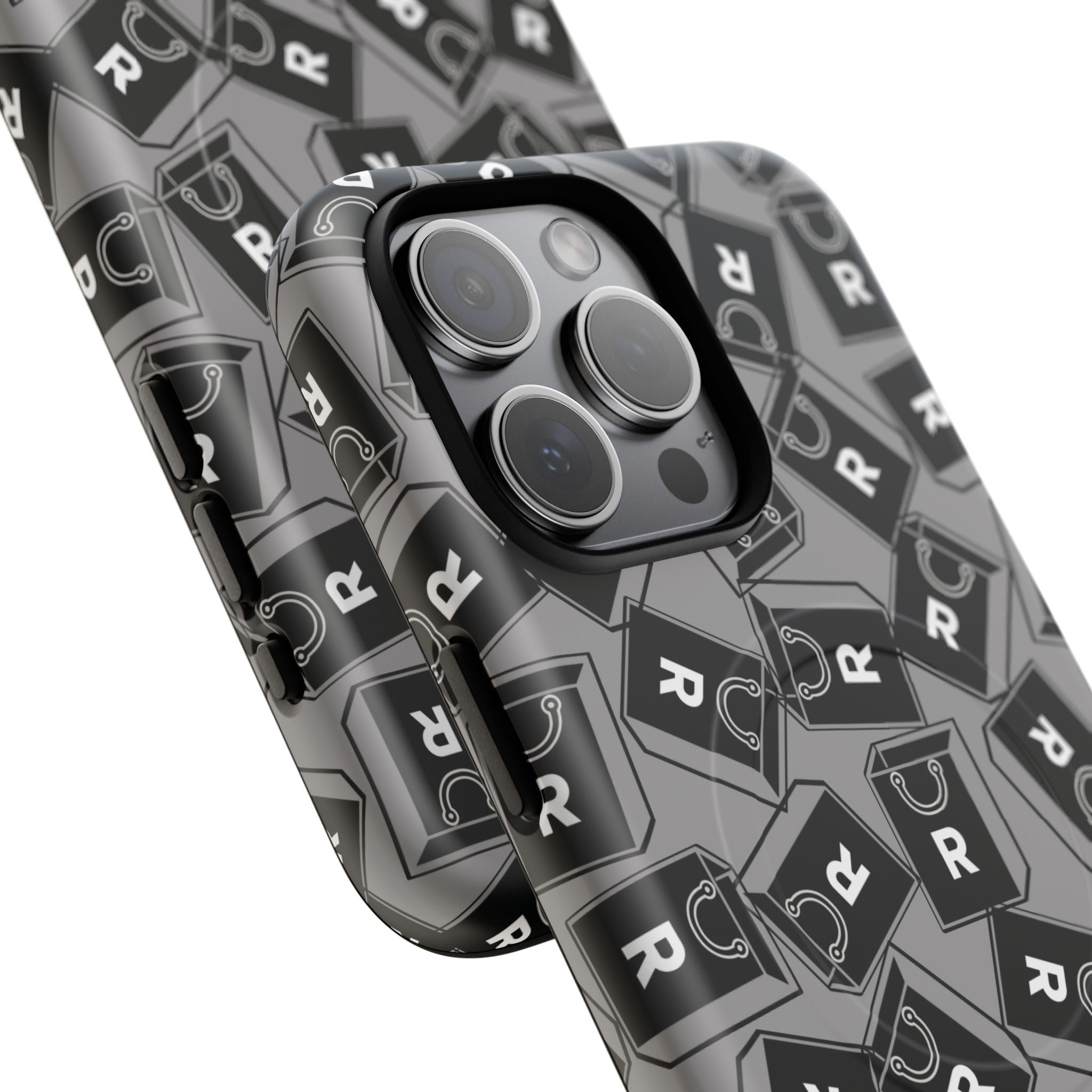 Magnetic Phone Case – Black & Gray Repeating 'R' Logo Pattern