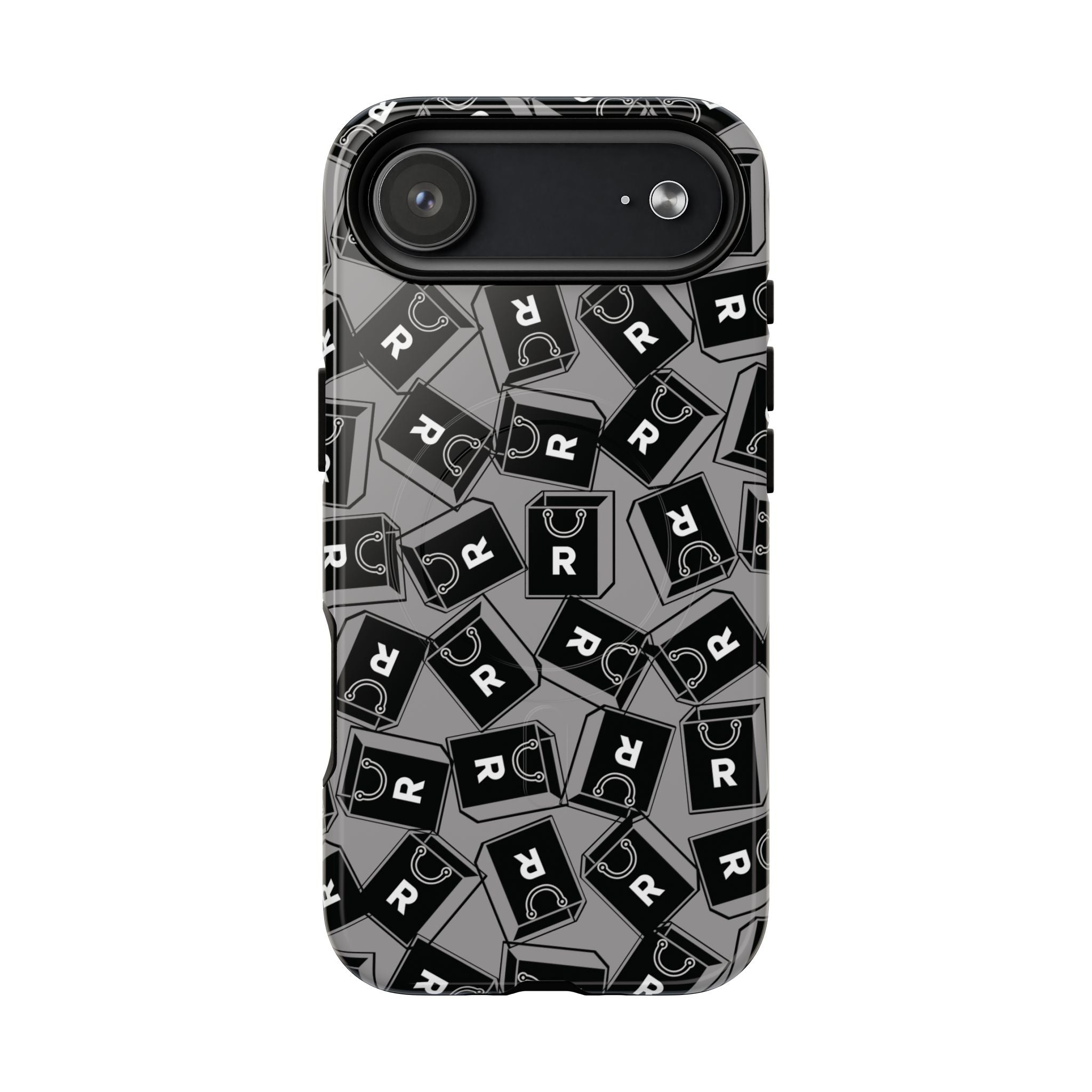 Magnetic Phone Case – Black & Gray Repeating 'R' Logo Pattern