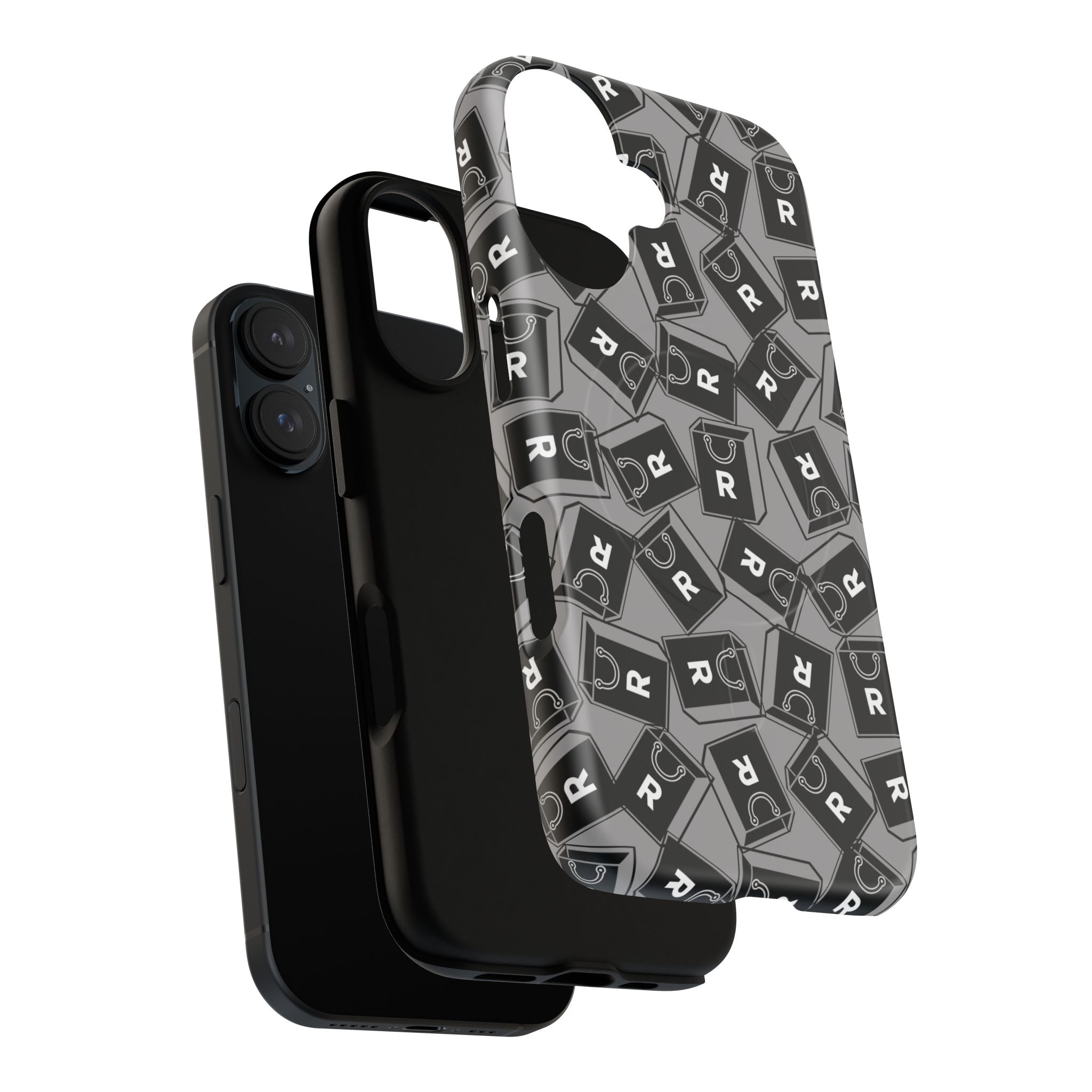 Magnetic Phone Case – Black & Gray Repeating 'R' Logo Pattern