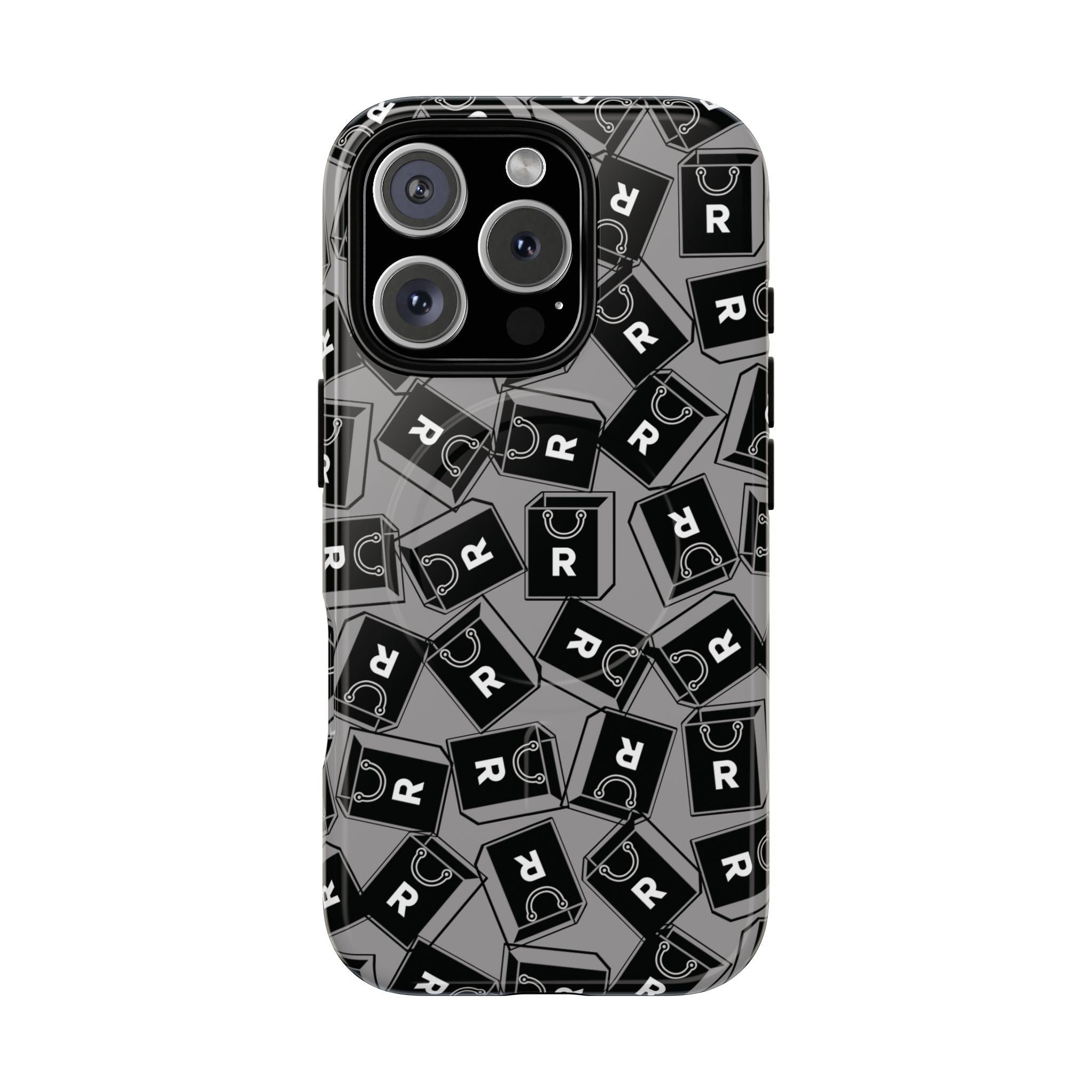 Magnetic Phone Case – Black & Gray Repeating 'R' Logo Pattern