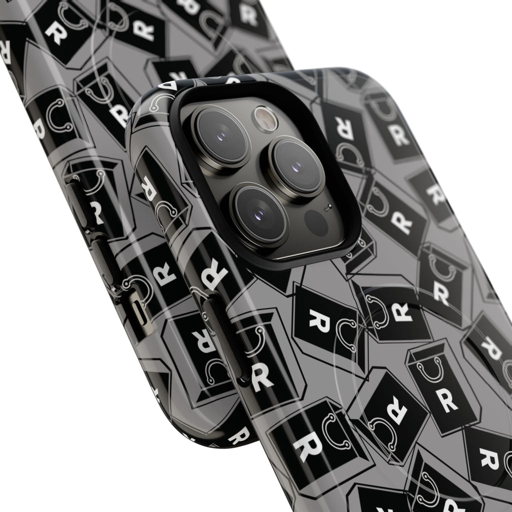 Magnetic Phone Case – Black & Gray Repeating 'R' Logo Pattern