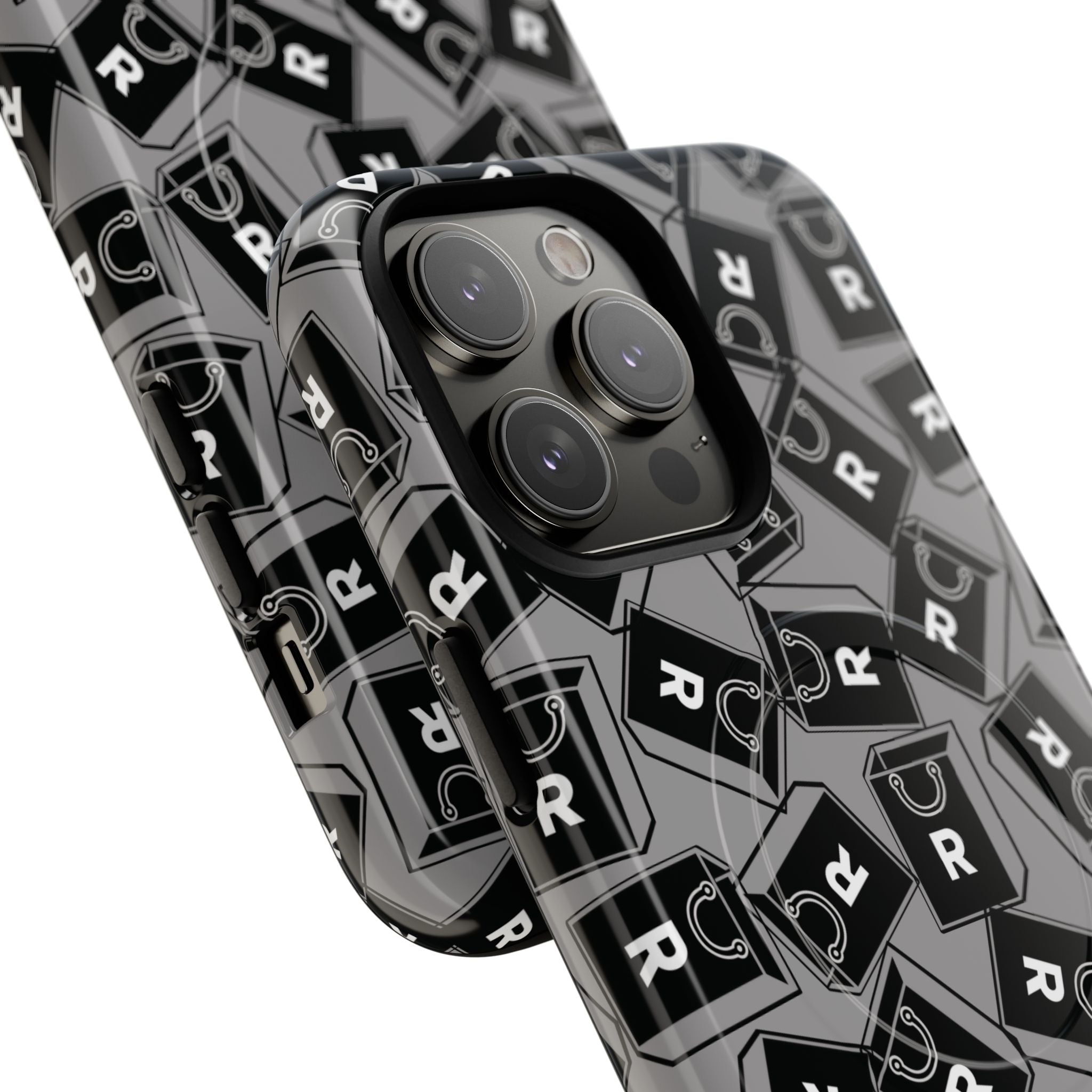 Magnetic Phone Case – Black & Gray Repeating 'R' Logo Pattern