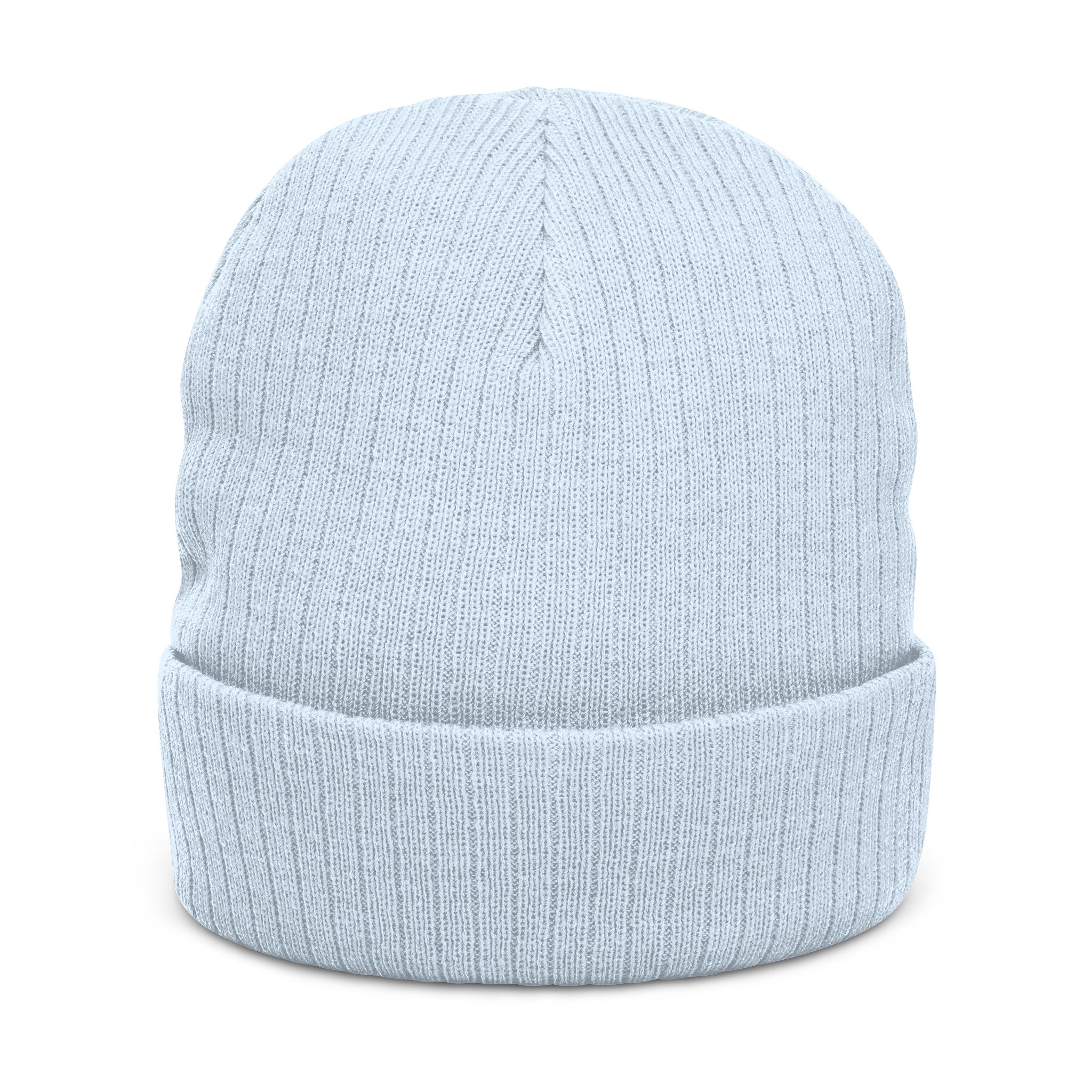 Embroidered Ribbed Beanie - Minimal Horseshoe & R Patch, Cozy Winter Hat
