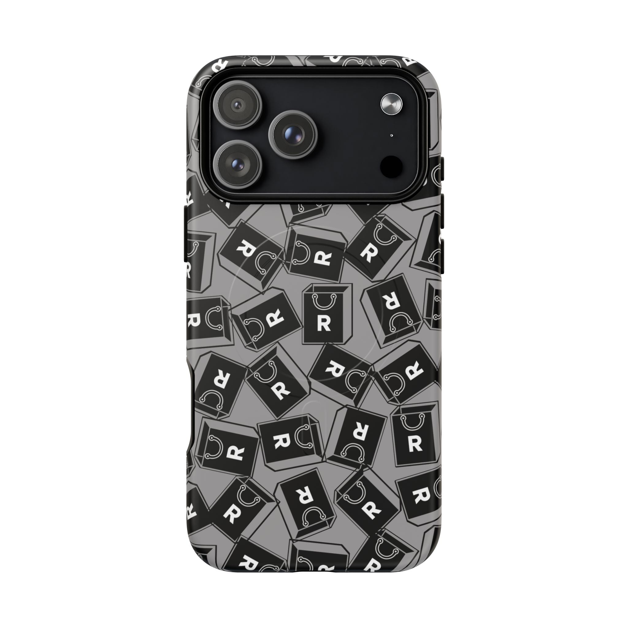 Magnetic Phone Case – Black & Gray Repeating 'R' Logo Pattern