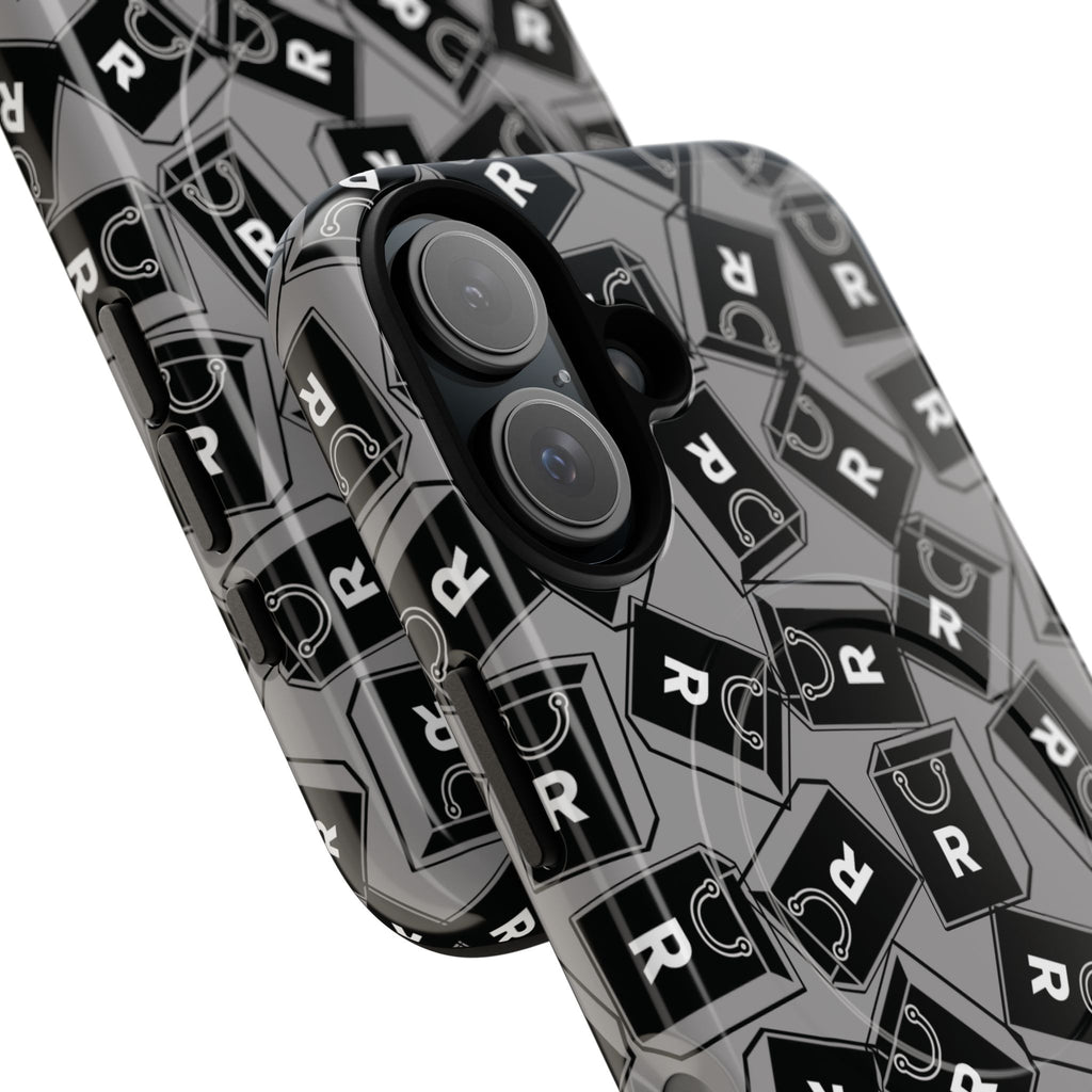 Magnetic Phone Case – Black & Gray Repeating 'R' Logo Pattern