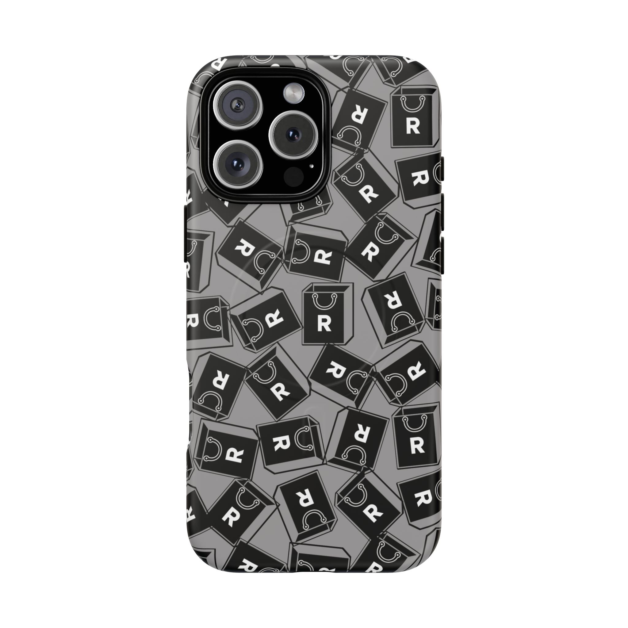 Magnetic Phone Case – Black & Gray Repeating 'R' Logo Pattern