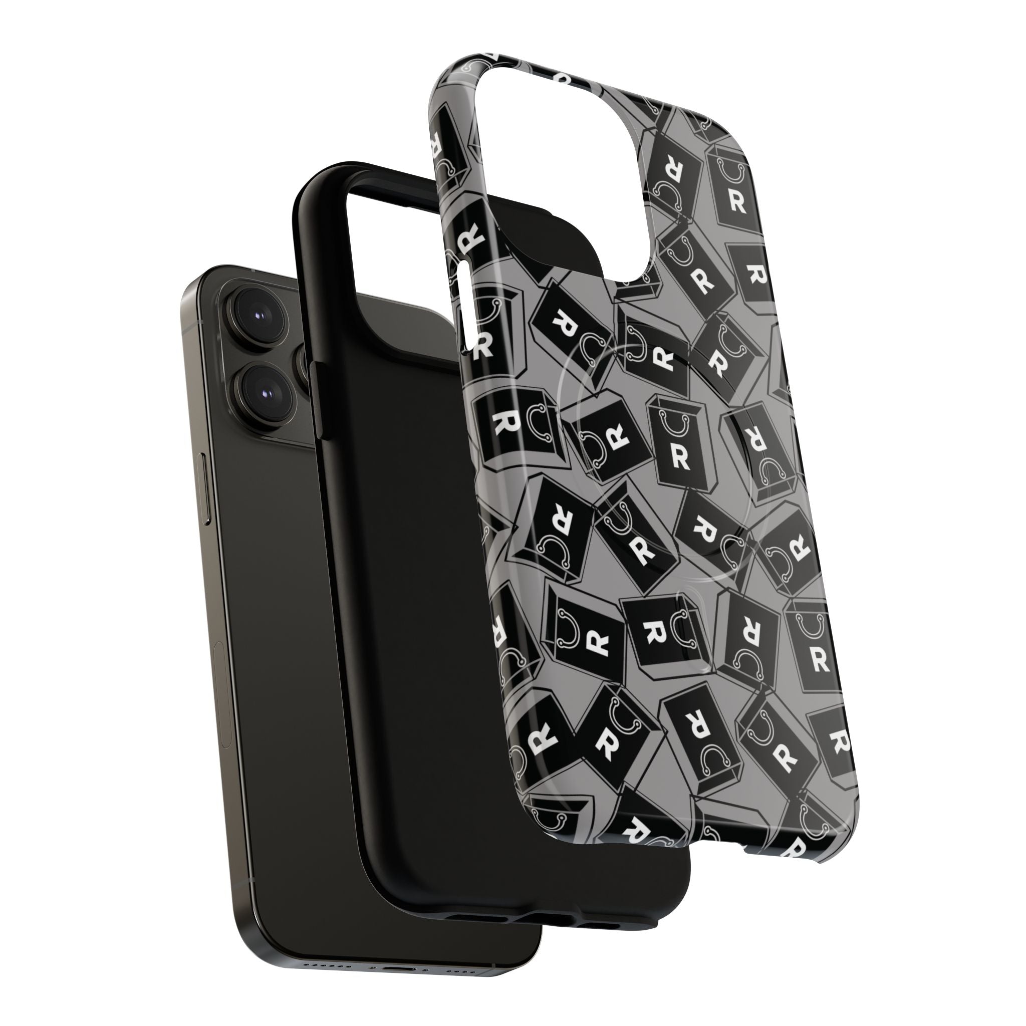 Magnetic Phone Case – Black & Gray Repeating 'R' Logo Pattern